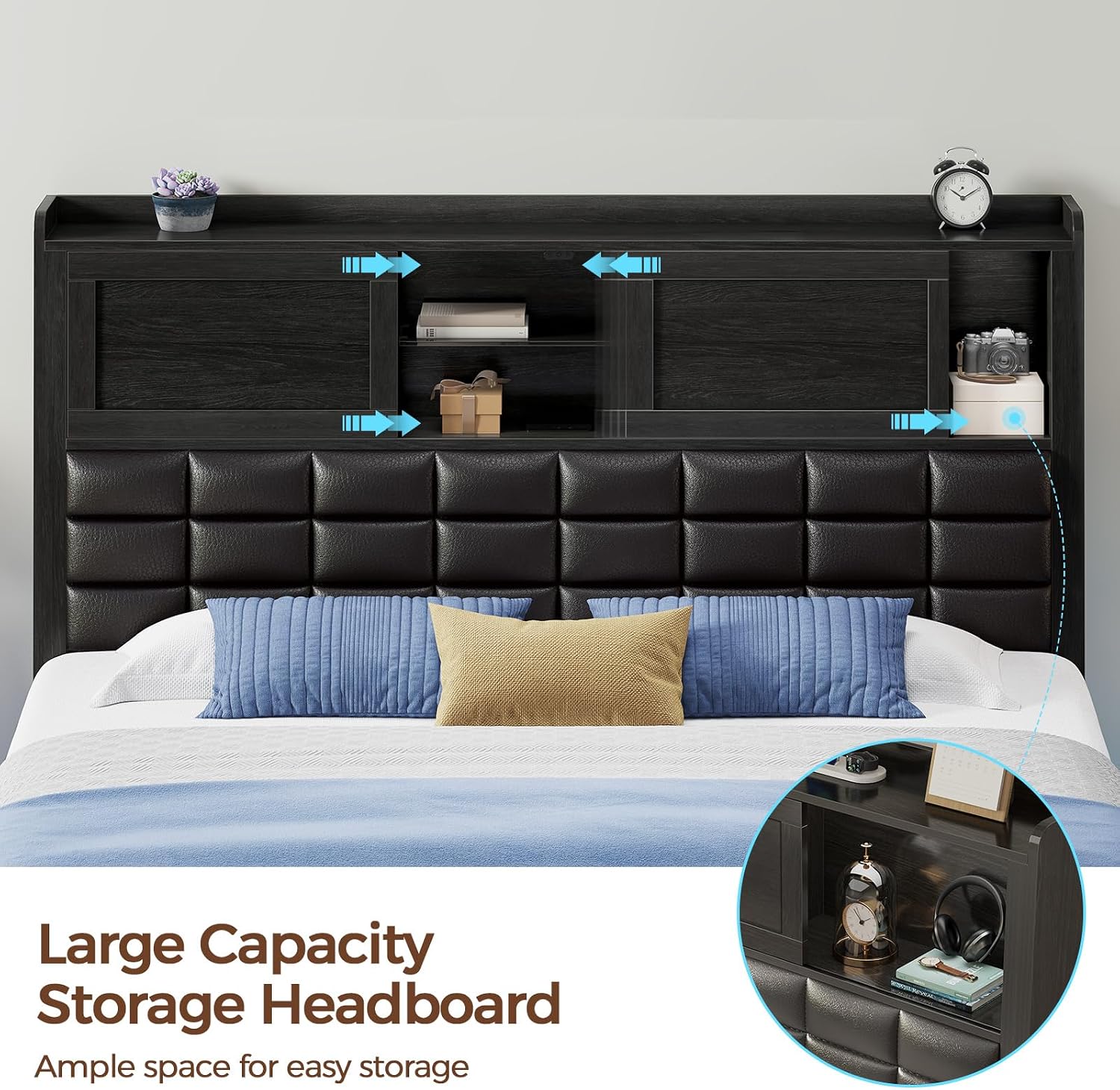 Rolanstar Bed Frame Full Size with Charging Station, Bookcase Headboard Bed with LED Light and Sliding Doors, Platform Bed with Wooden Slats, No Box Spring Needed, Noise Free, Black