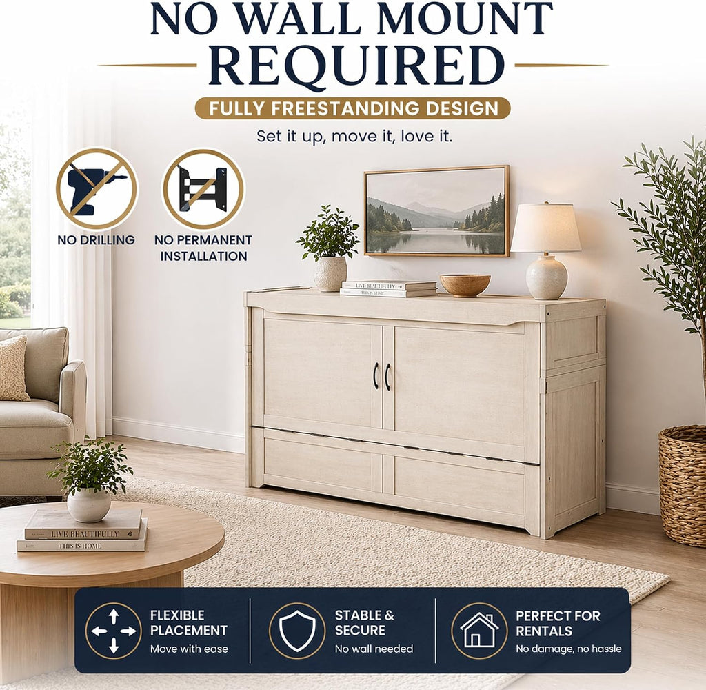 NIGHT & DAY Furniture Murphy Cube Cabinet Bed Queen – Fold-Out Space-Saving Guest Bed with Memory Foam Mattress – Provence Ivory Finish