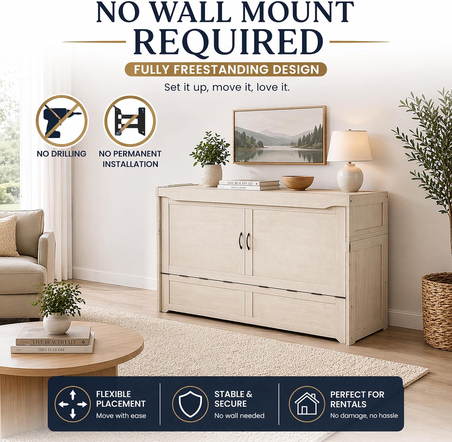 NIGHT & DAY Furniture Murphy Cube Cabinet Bed Queen – Fold-Out Space-Saving Guest Bed with Memory Foam Mattress – Provence Ivory Finish