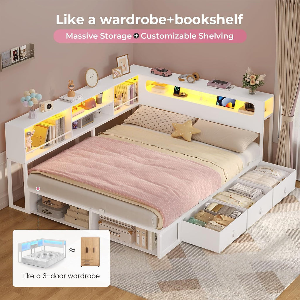 ADORNEVE Corner Bed Frame Full Size with Bookcase Storage & RGB Lights, Charging Station, Metal Daybed with 3 Drawers & 2 Open Cubbies, for Teens, Small Space, White