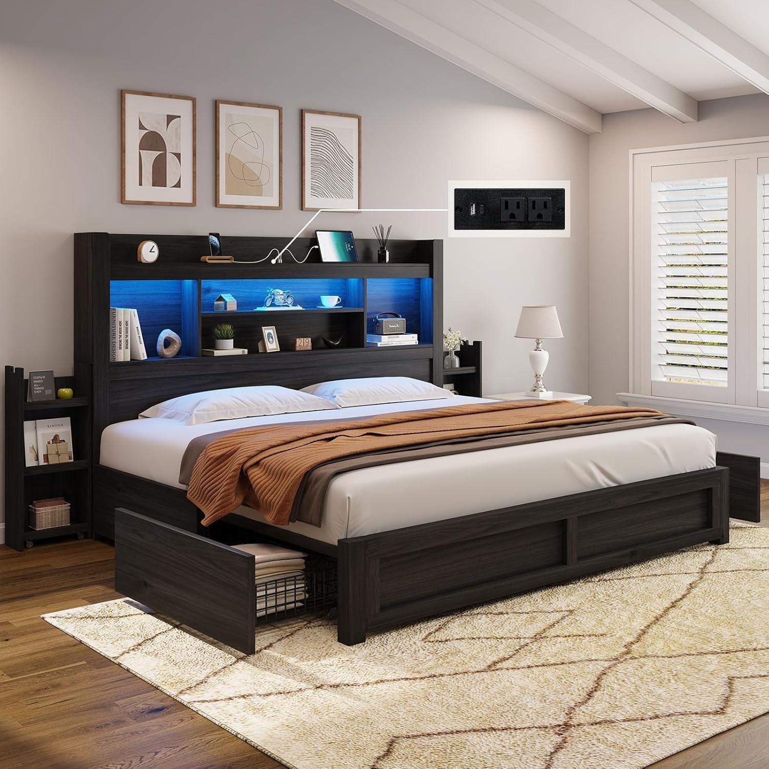 AMERLIFE California King Size Bed Frame with 4 Storage Drawers, LED Bed Frame with 49.6' Tall Bookcase Headboard, Wood Platform Bed with Charging Station & 2 Slide Bedside Shelf, Black