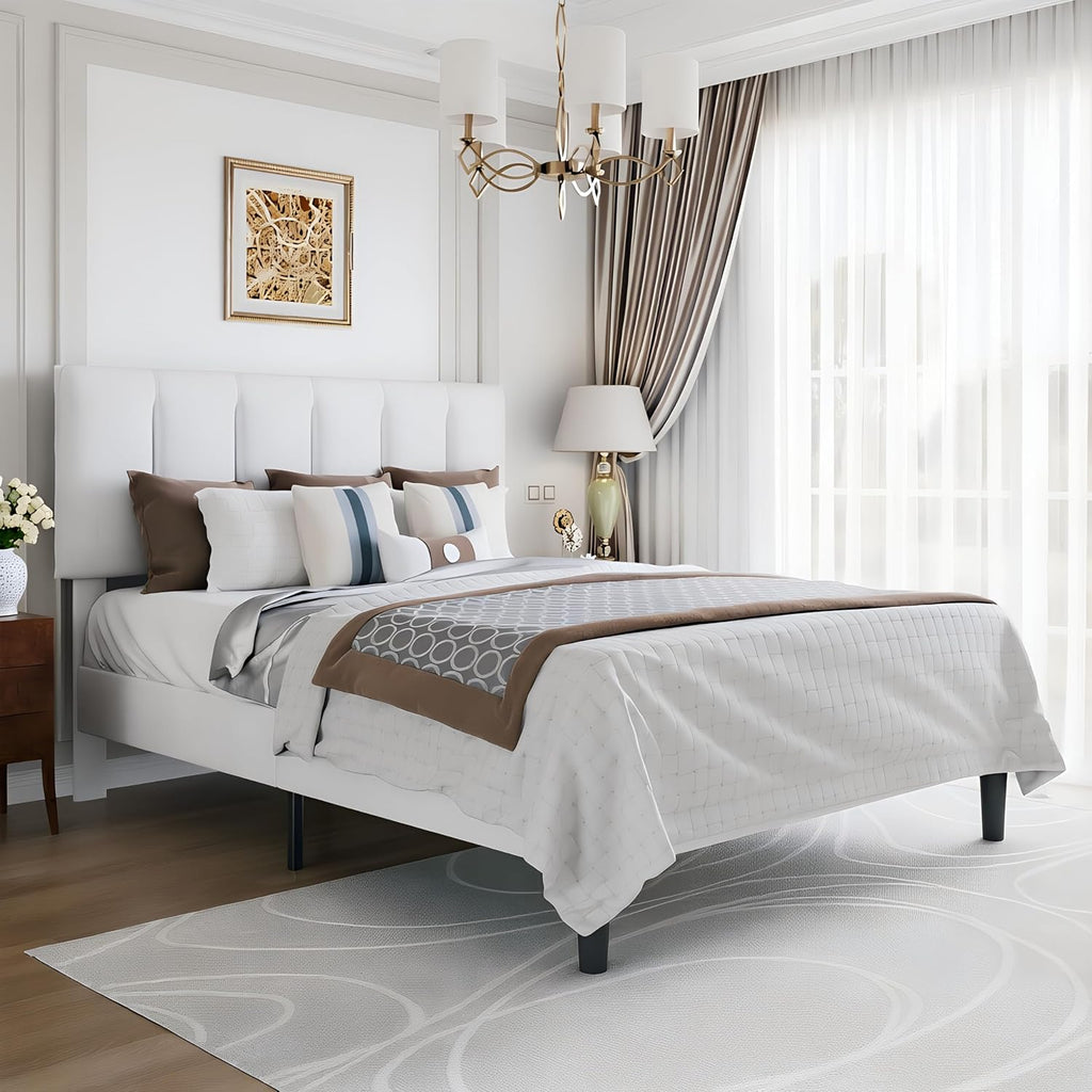VECELO Queen Size Bed Frame with Upholstered Headboard, Heavy-Duty Bedframe with Wooden Slats & Steel Framework, Easy Assembly, Pure White