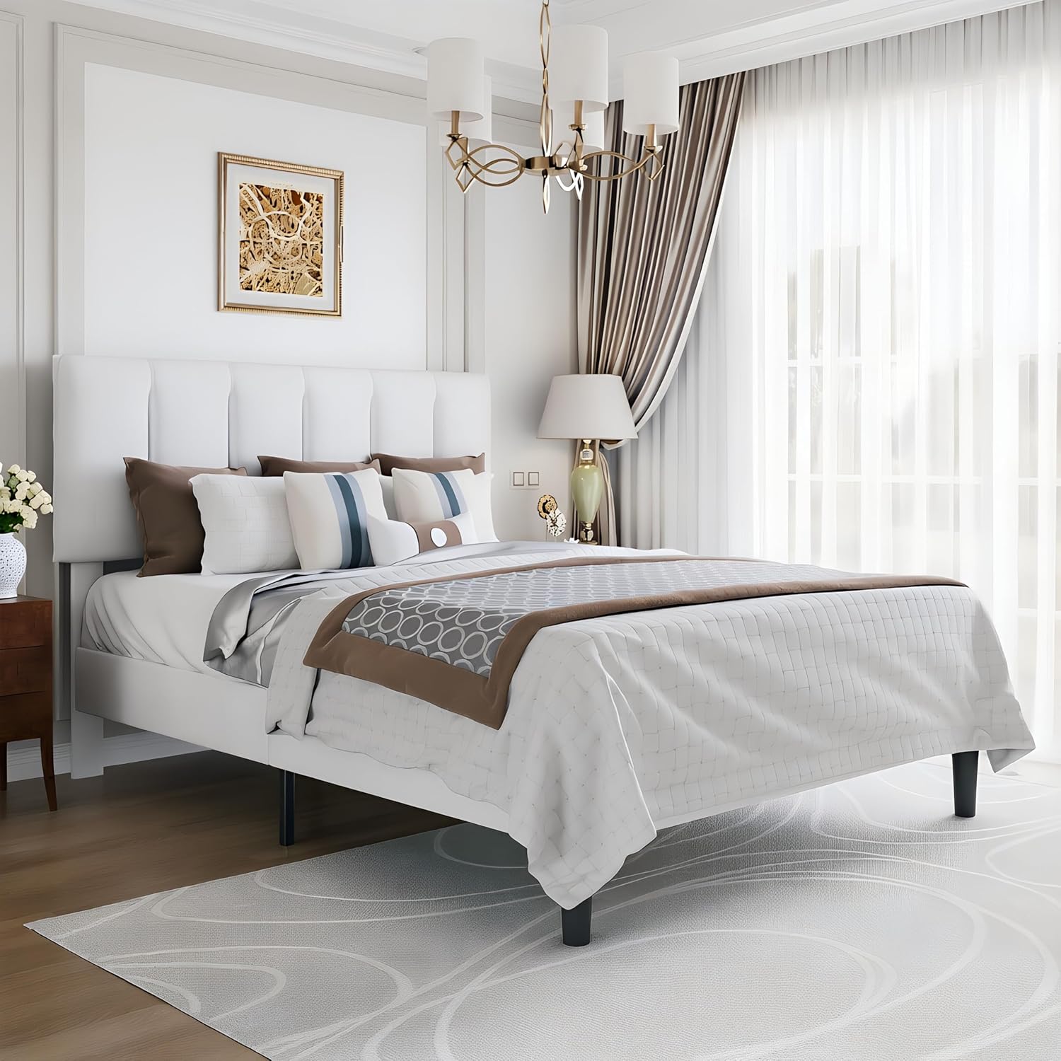 VECELO Queen Size Bed Frame with Upholstered Headboard, Heavy-Duty Bedframe with Wooden Slats & Steel Framework, Easy Assembly, Pure White
