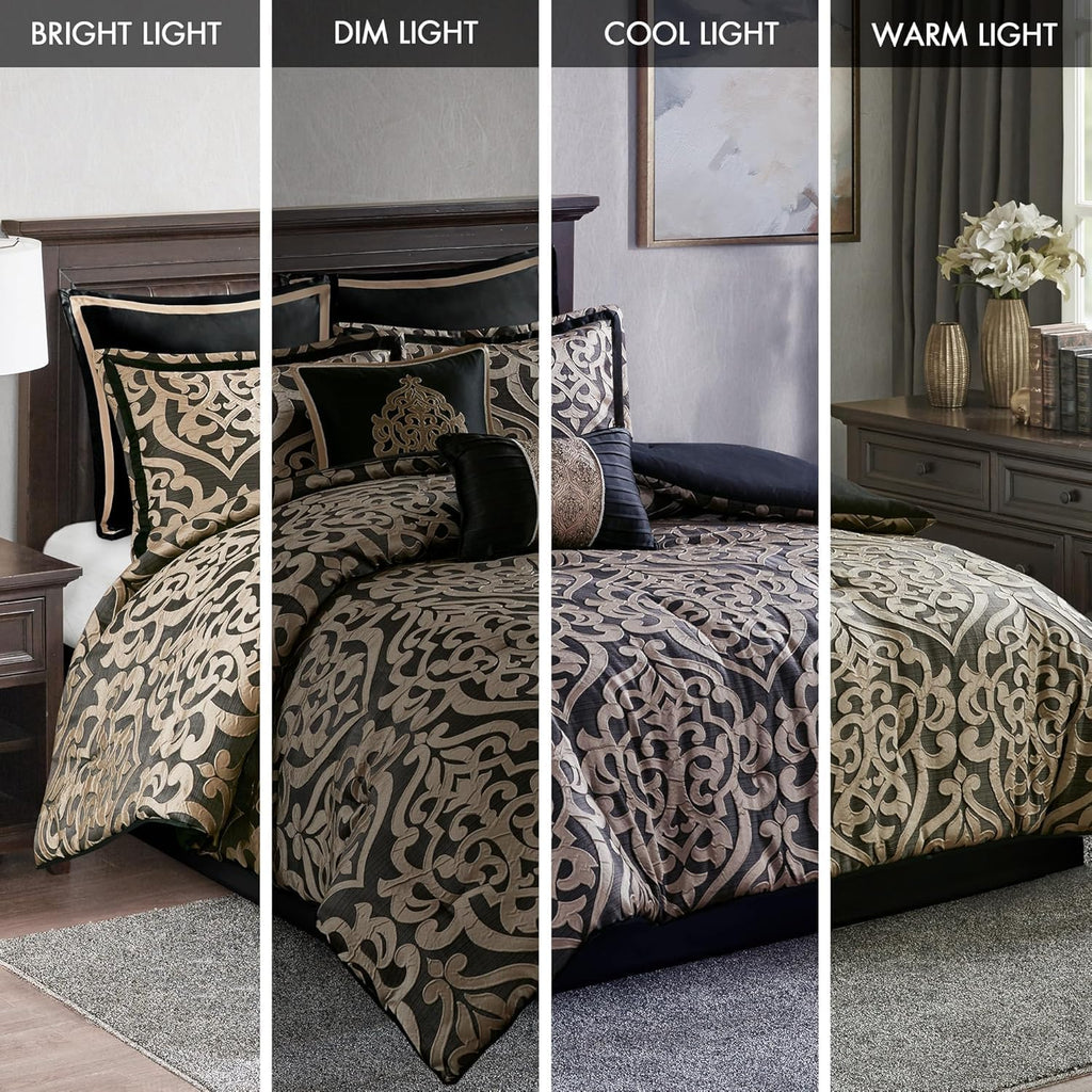 Madison Park Queen Comforter Set Damask Medallion Jacquard Comforters Queen Size Bed, Overfilled All Season Queen Bed Set, Bed Skirt, Shams, Decor Pillows, Odette, Queen(90 in x 90 in), Black 8 Piece