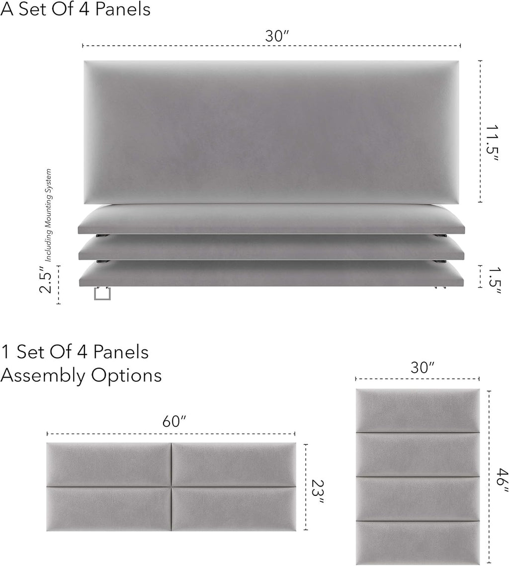 Vänt Upholstered Wall Panels - Queen/Full Size Wall Mounted Velvet Headboards - Velvet Platinum Grey - Set of 4 Panels (Each Individual Panel 30'x11.5')