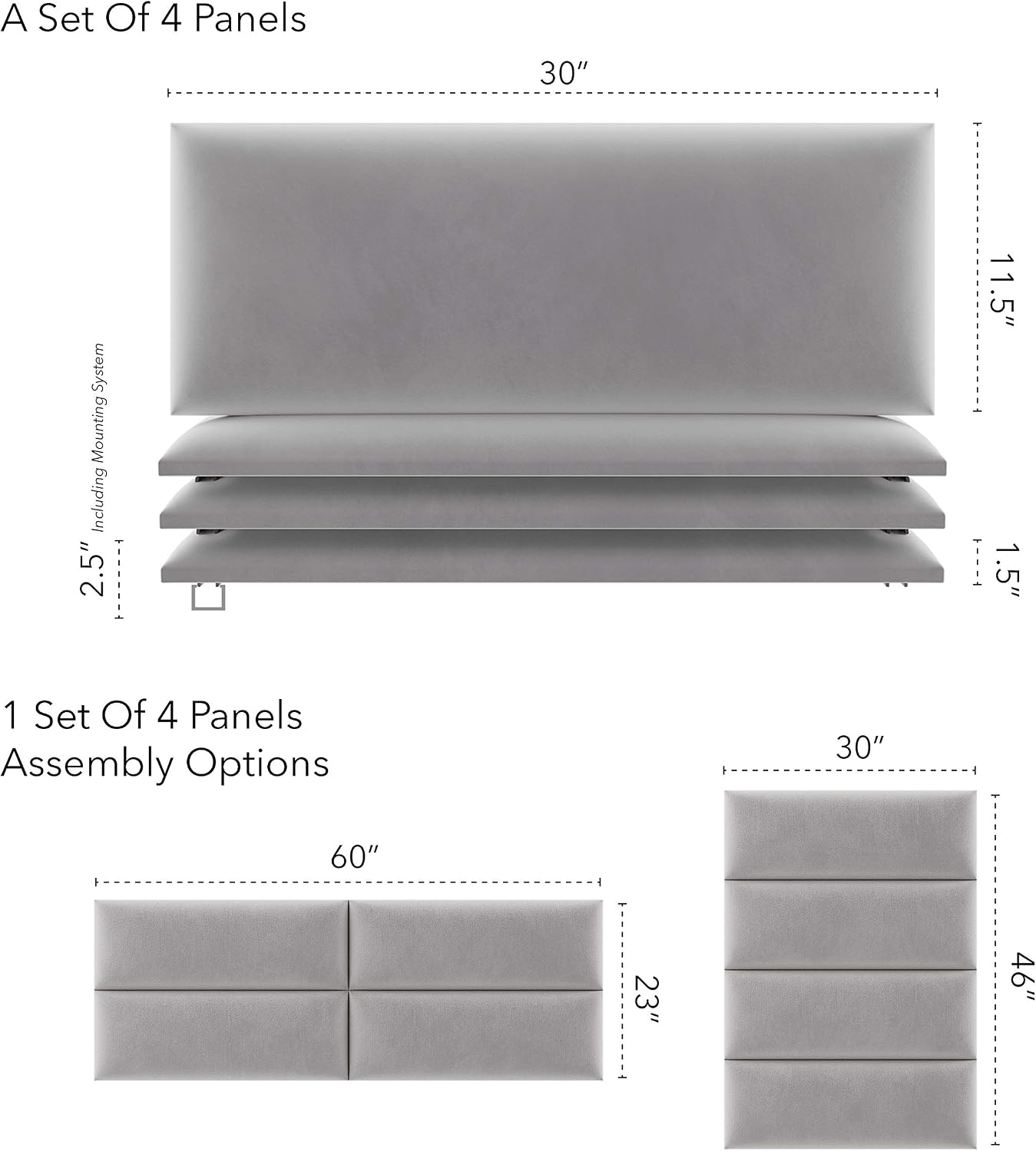 Vänt Upholstered Wall Panels - Queen/Full Size Wall Mounted Velvet Headboards - Velvet Platinum Grey - Set of 4 Panels (Each Individual Panel 30'x11.5')