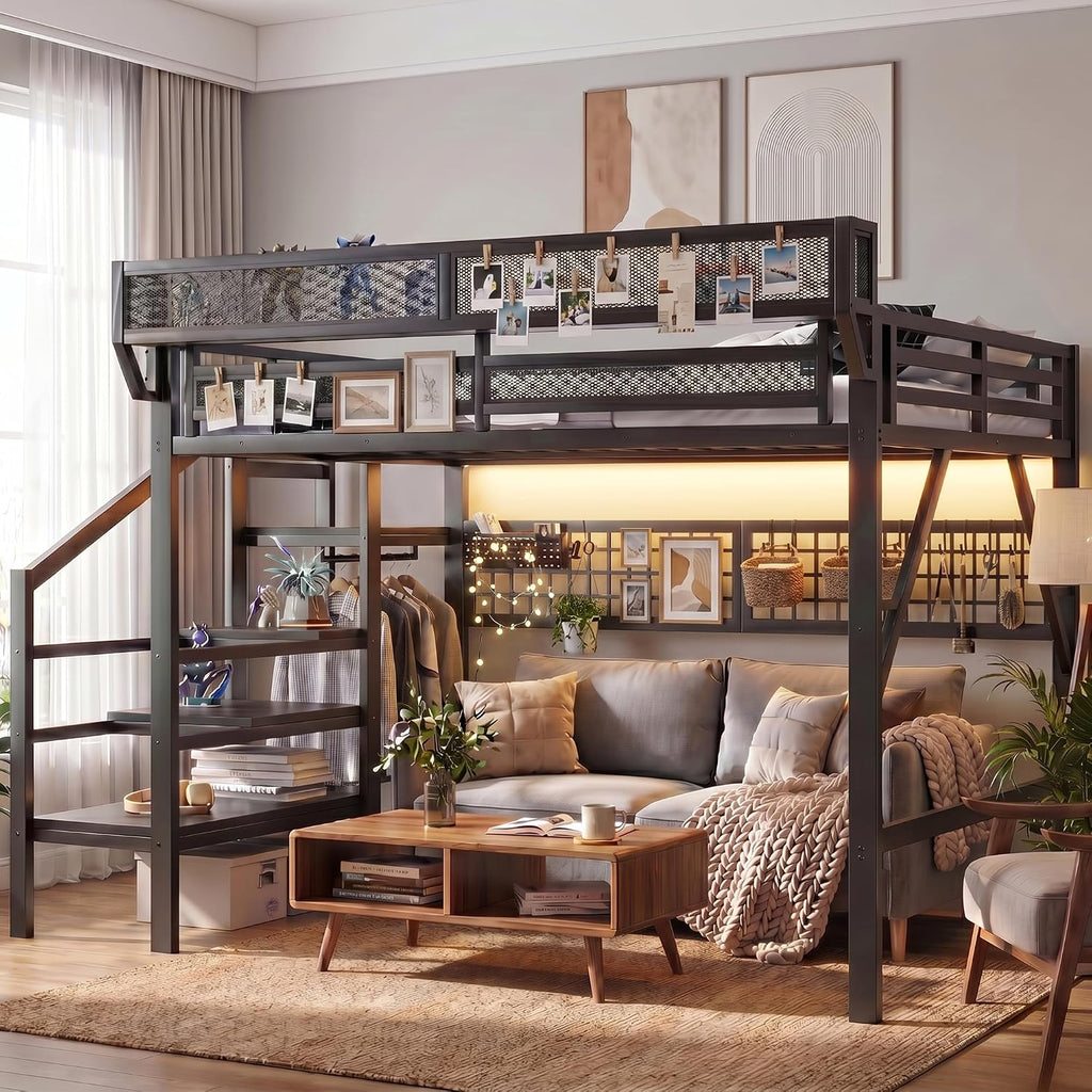 Full Size Loft Bed with Stairs and LED Light, Metal Loft Bed Frame with Shelf for Adults, Tall Loft Beds with Storage Shelves and Wardrobe for Kids Boys Girls Teens, Convertible Staircase, Black
