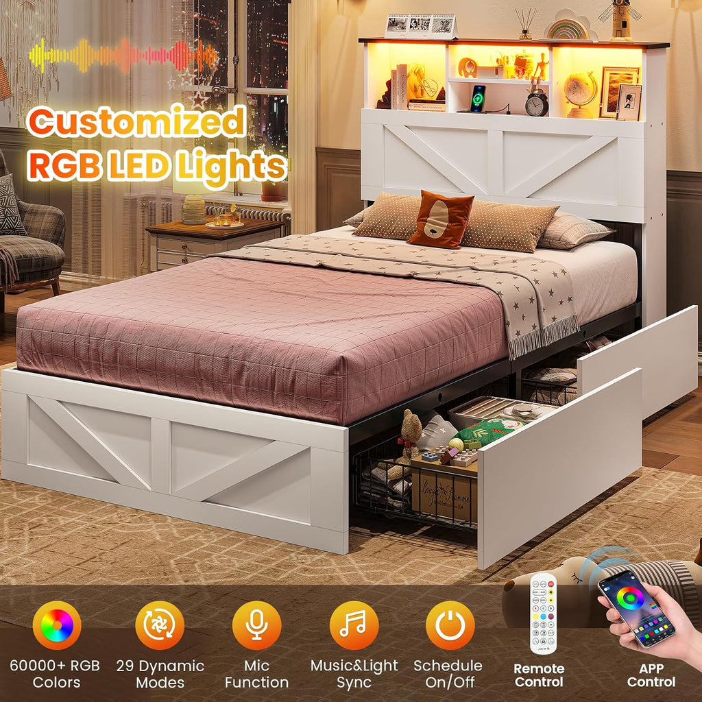 VIAGDO Farmhouse Bed Frame Twin Size with Bookcase Storage Headboard, Charging Station and LED Lights, Wooden Twin Bed Frames with 4 Drawers, Barn Door Design, No Box Spring Needed, No Noise, White