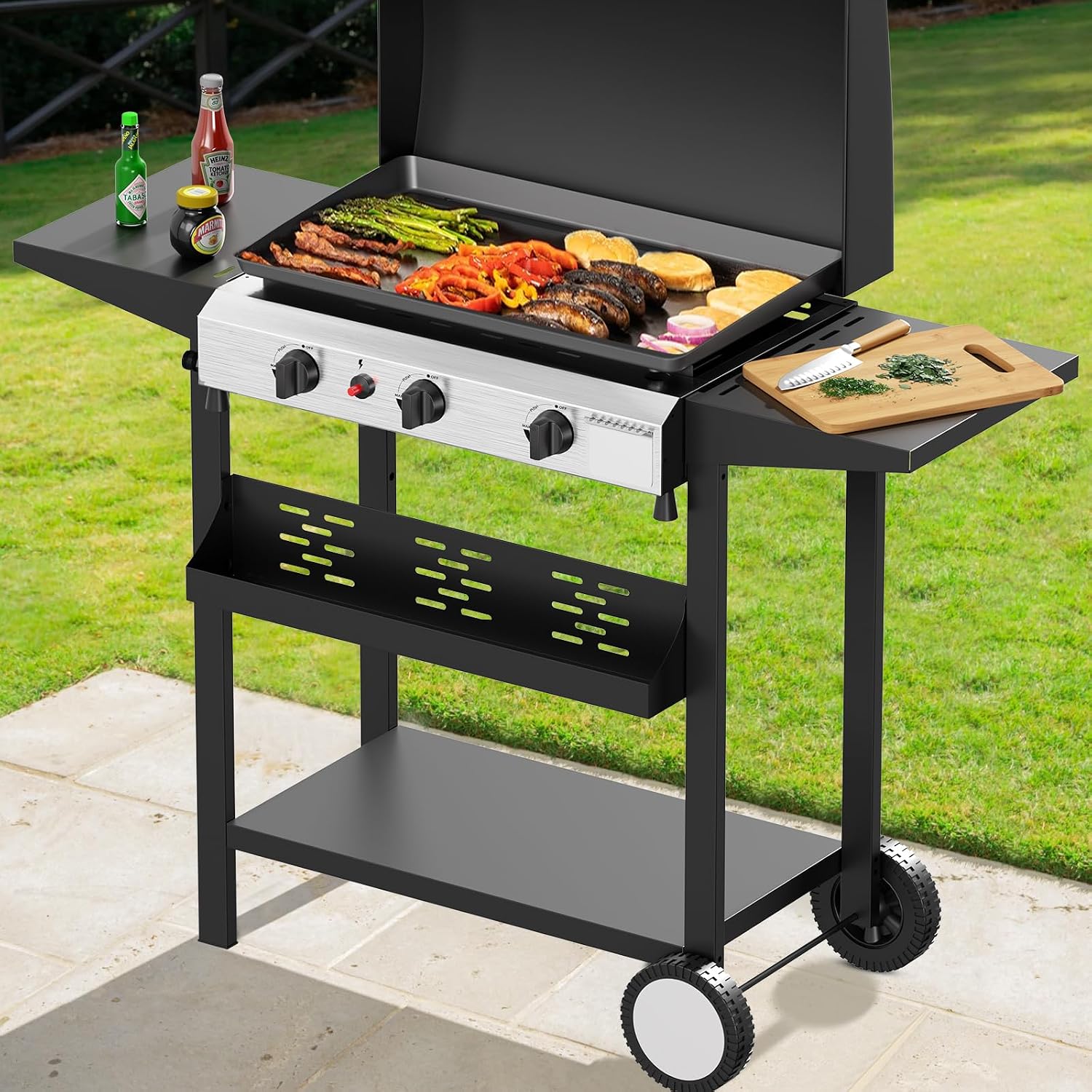 SKOK 3 Burners Outdoor Gas Griddle with Hood, Portable Flat Top Gas Grill-Table Top Propane Griddle Station with Side Shelves