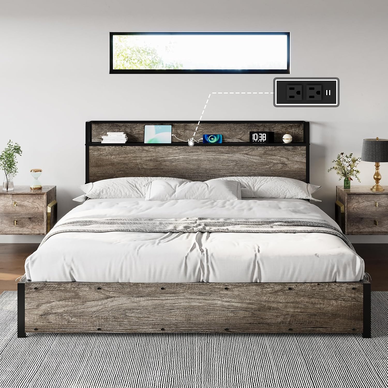 AMERLIFE King Size Lift Up Storage Bed Frame, Wooden Platform Bed Frame with Lifting Storage & Charging Station, No Spring Box Needed/Noise Free, Rustic Grey