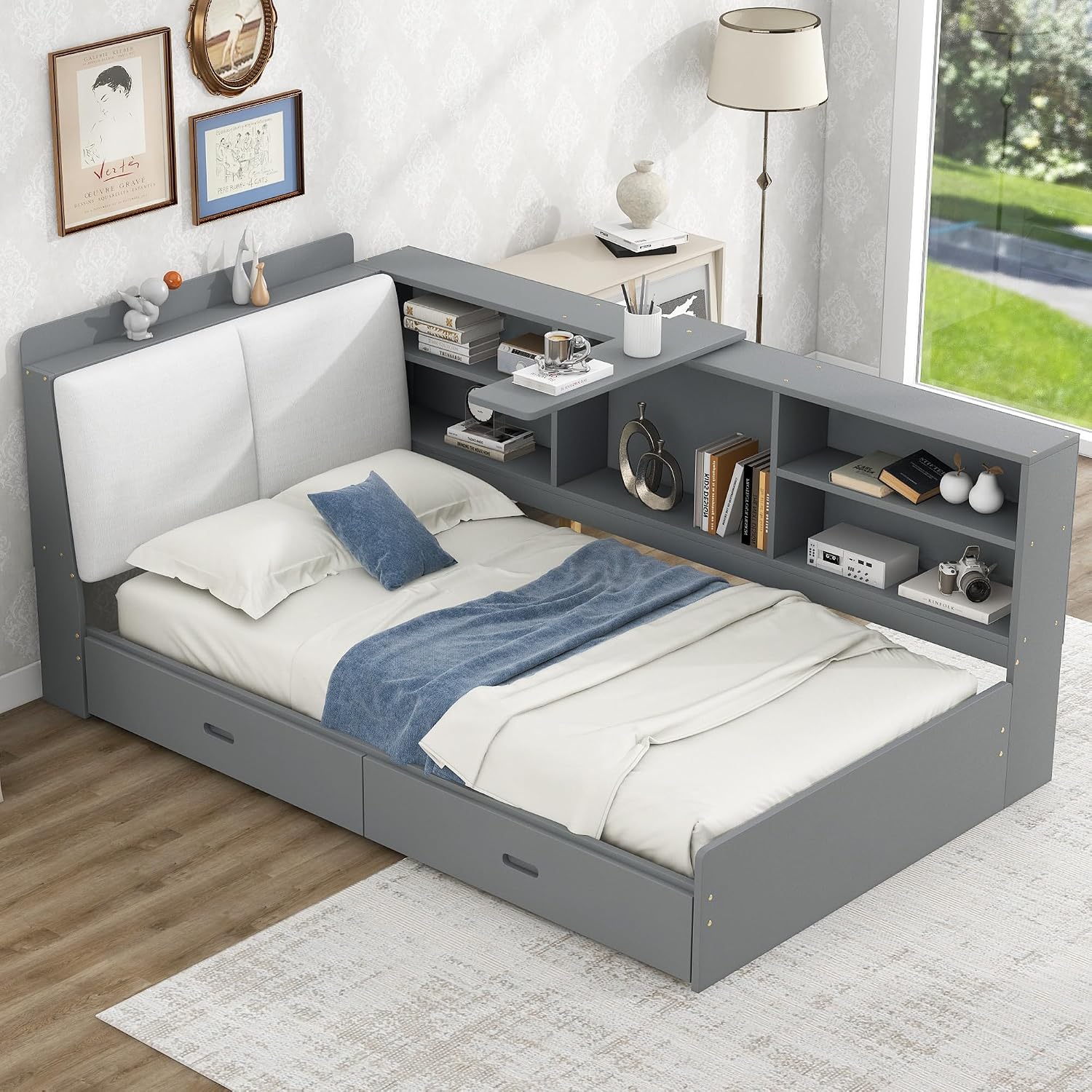 Harper & Bright Designs Wood Daybed Frame with Shelves & Drawers & Storage Upholstered Headboard,Twin Size Floor Corner Sofa Bed with Rotatable Storage Board for Bedroom Living Room,Space Saving,Gray
