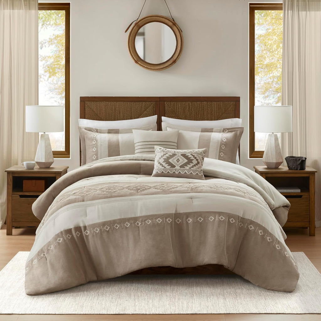 Woolrich Queen Comforter Set – Sutherland 5-Piece Microsuede Embroidered Bedding Set with Decorative Pillows, Taupe