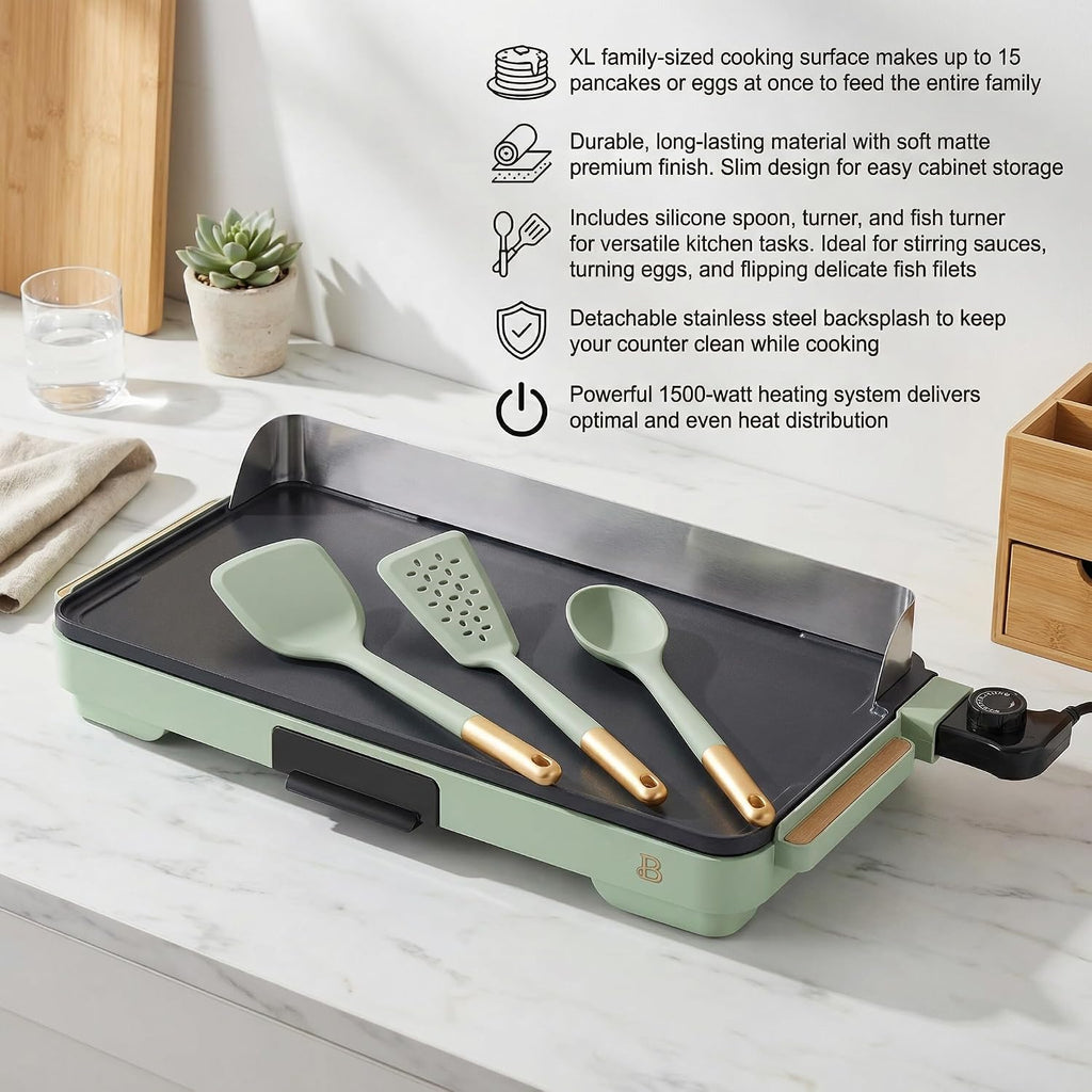 XL Electric Griddle 12' x 22' with Ceramic Nonstick Coating and Removable Heat Control with 3-Piece Silicone Spoon - Sage Green Flat Top Electric Grill with Drip Tray and Backsplash