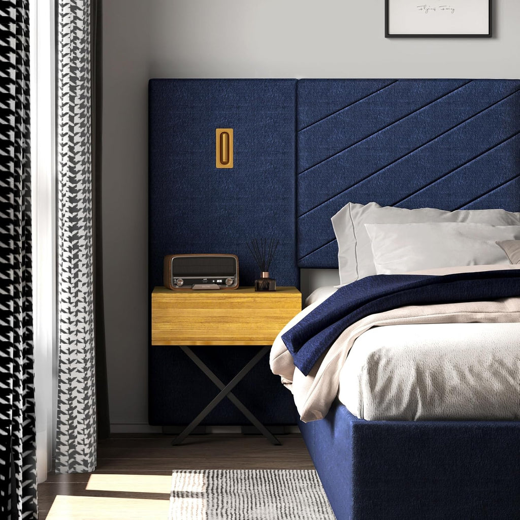 DEINPPA Luxury Bed Frame with Built-in Gold LED Lights and Nightstands, Queen Size Platform Bed with Oversize Upholstered Headboard, No Box Spring Needed-Royal Blue