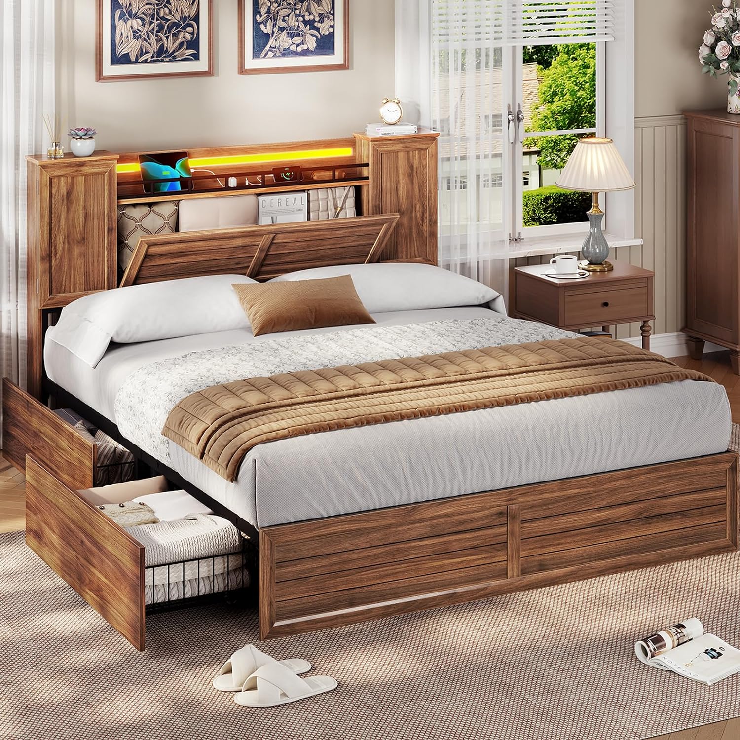 VIAGDO Farmhouse Full Size Bed Frame with Headboard and Double Barn Door Storage Cabinets, Rustic Wooden Bed Frame Full with Charging Station, 4 Drawers and LED Lights, No Box Spring Needed, Brown