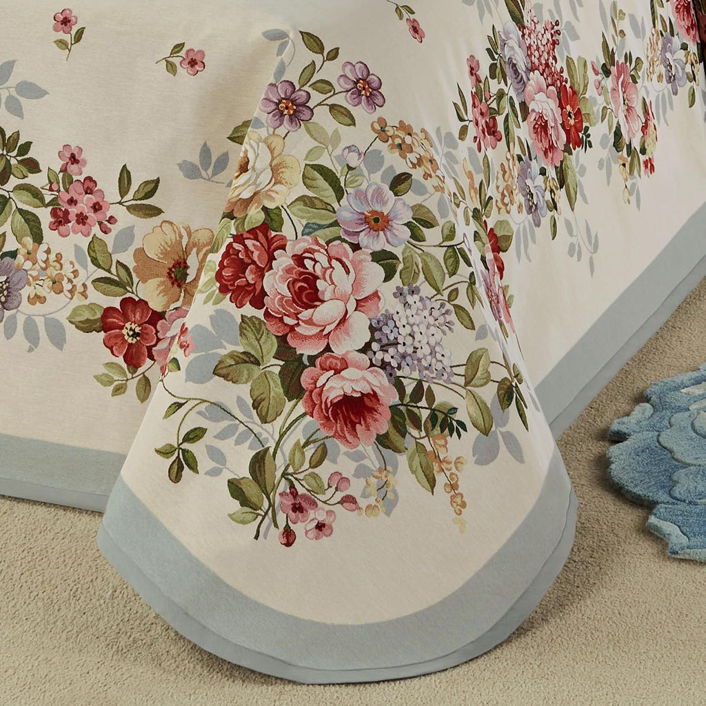 Bouquet Flower Washable Bedding | Wisteria, Gold, Rose, Garnet, Blue | Jacquard Woven | 8 Pc Bed Set: Queen Bedspread, 2 Standard Shams, Rectangle and Square Pillows with Inserts, and Tailored Valance