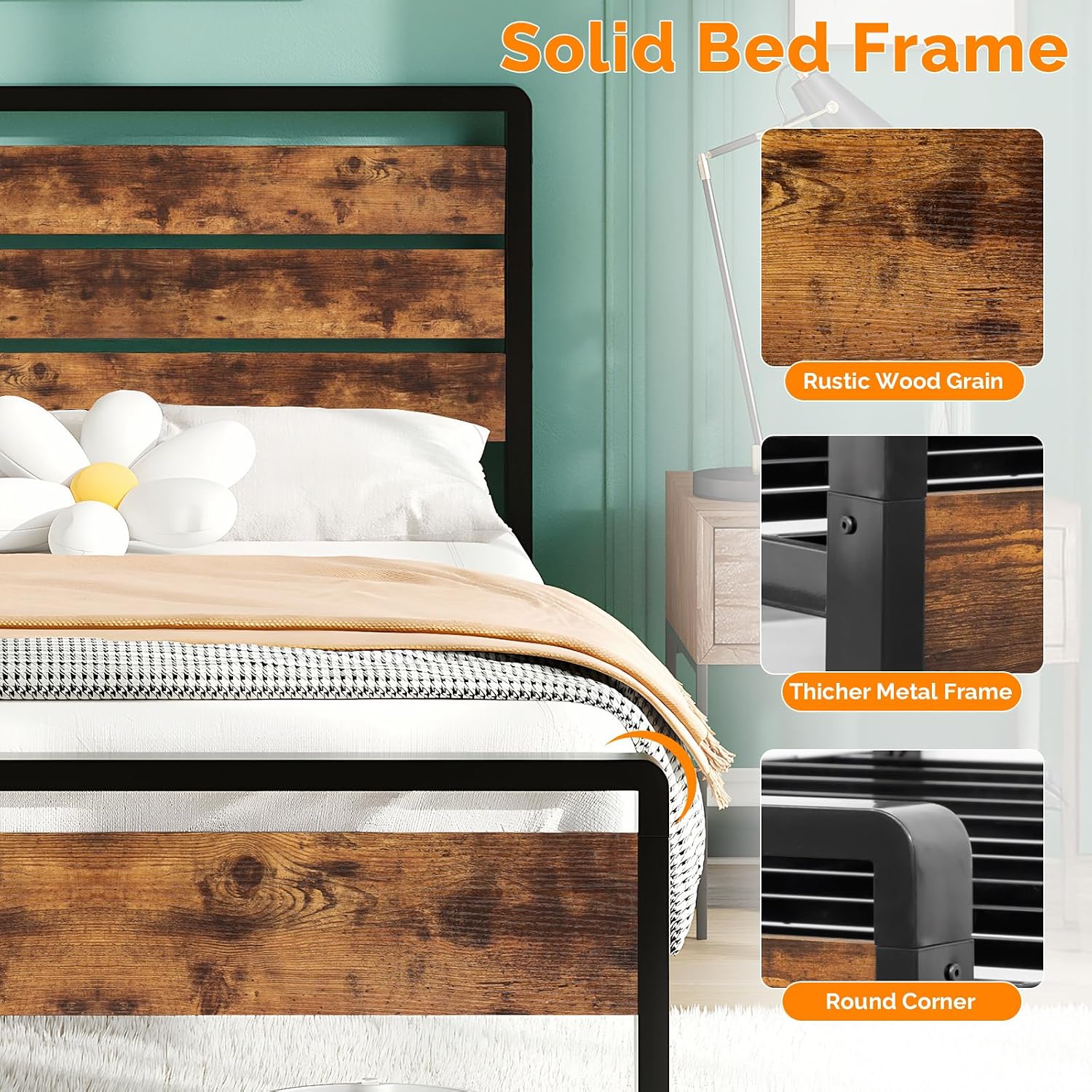 VINGLI Twin Bed Frame Set of 2 with LED Headboard & Footboard, USB Charging Station, Metal Single Platform with 12-Inch Under Bed Storage Space for Dorm Bedroom Kids Teen Guest Room, Industrial Brown