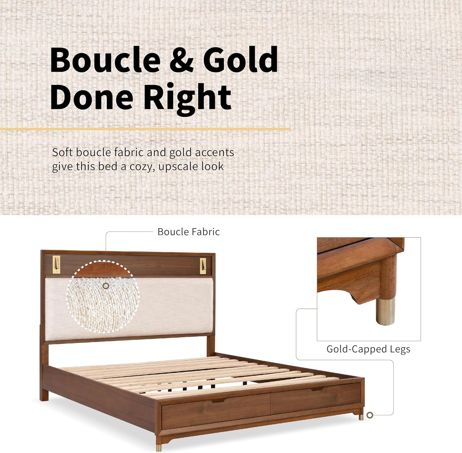 Furniture of America Forma Modern Solid Wood 4-Piece Bedroom Set with Upholstered Bed with LED Lights, Ball-Bearing Glide on Nightstand and Dresser with Mirror, No Box Spring Needed, Queen, Walnut