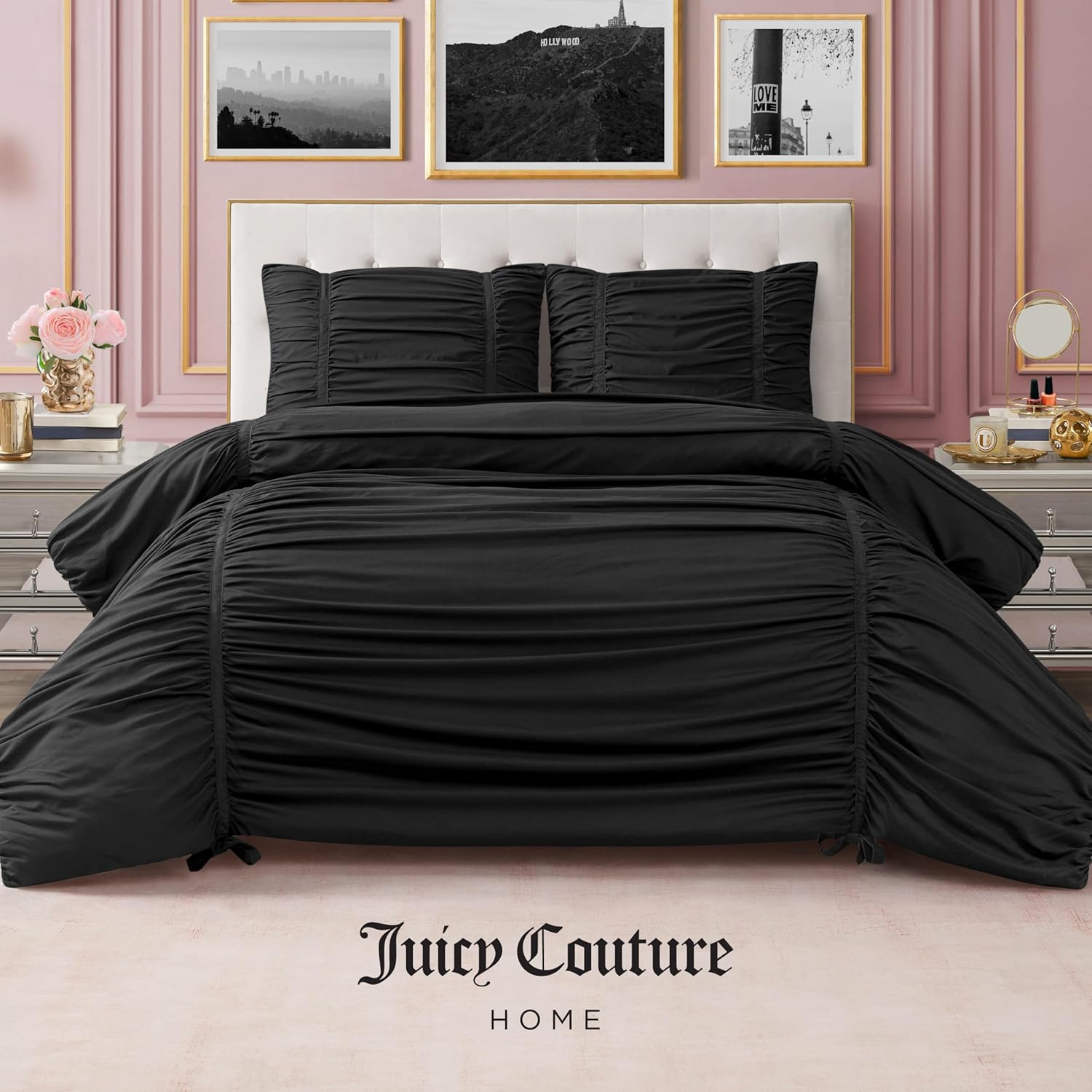Juicy Couture Ribbon Ruched 2 Piece Twin/Twin XL Comforter Set, Black Bedding Ensemble