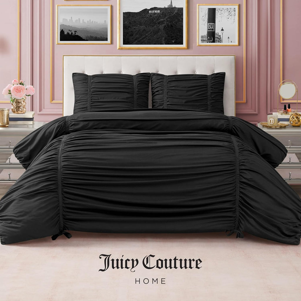 Juicy Couture Ribbon Ruched 3 Piece King Comforter Set, Black Bedding Ensemble