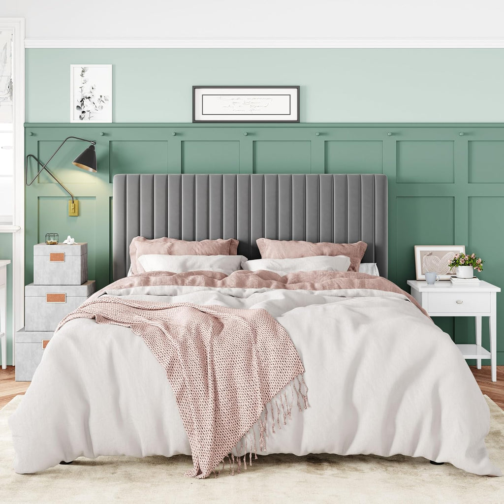 Allewie Full Bed Frame, Velvet Upholstered Platform Bed with Adjustable Vertical Channel Tufted Headboard, Mattress Foundation with Strong Wooden Slats, Box Spring Optional, Easy Assembly, Grey