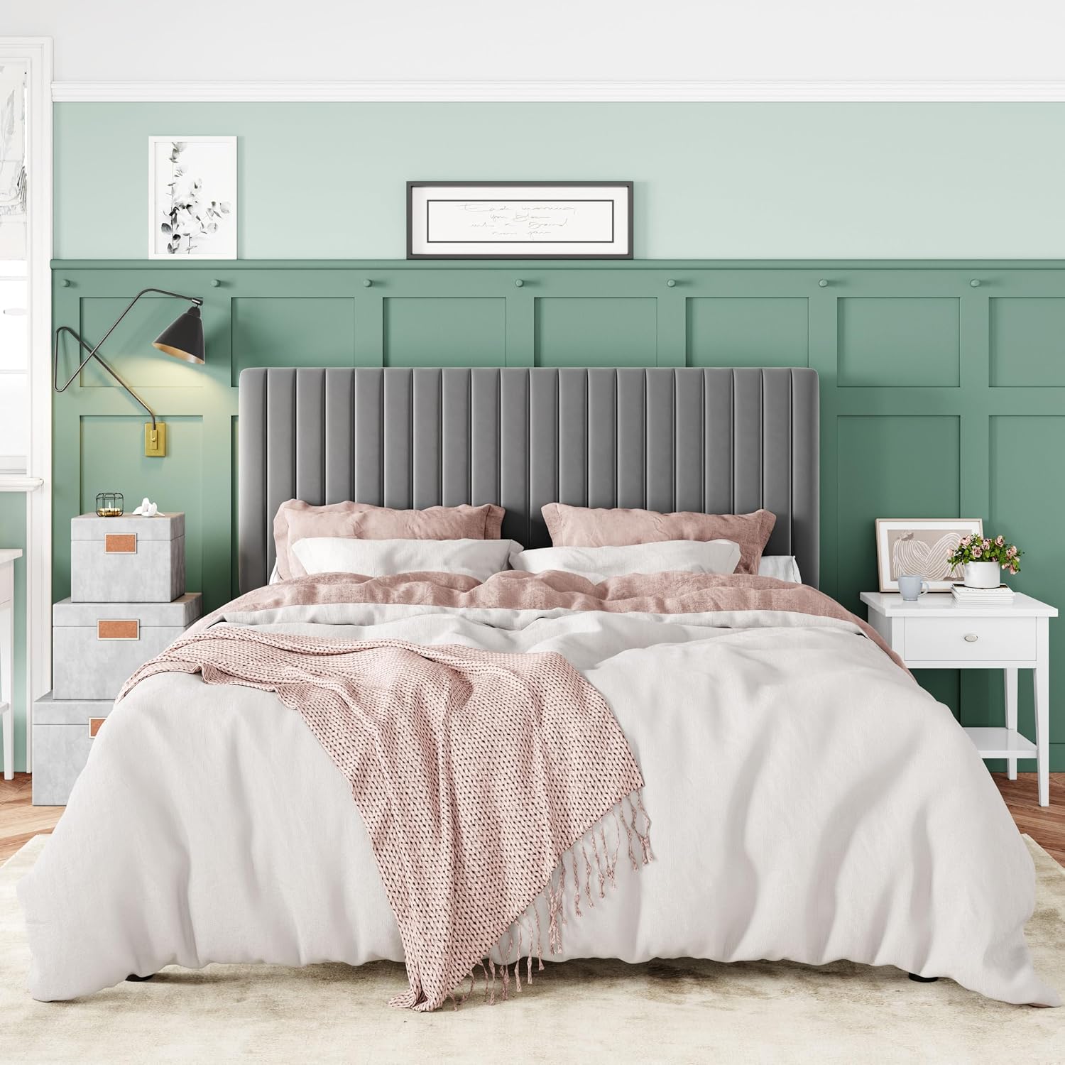 Allewie Full Bed Frame, Velvet Upholstered Platform Bed with Adjustable Vertical Channel Tufted Headboard, Mattress Foundation with Strong Wooden Slats, Box Spring Optional, Easy Assembly, Grey
