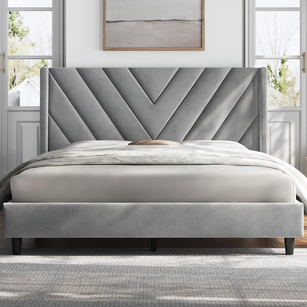 Yaheetech Queen Bed Frame Upholstered Platform Bed/Wooden Slat Support/Tufted Headboard with Wing Side/Mattress Foundation/No Box Spring Needed,Light Gray Queen