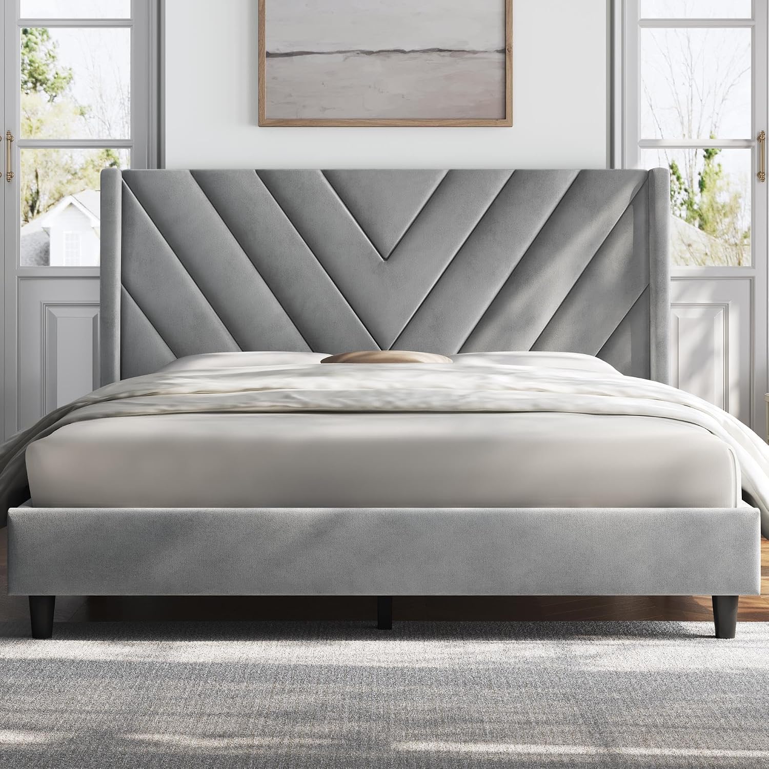 Yaheetech Queen Bed Frame Upholstered Platform Bed/Wooden Slat Support/Tufted Headboard with Wing Side/Mattress Foundation/No Box Spring Needed,Light Gray Queen