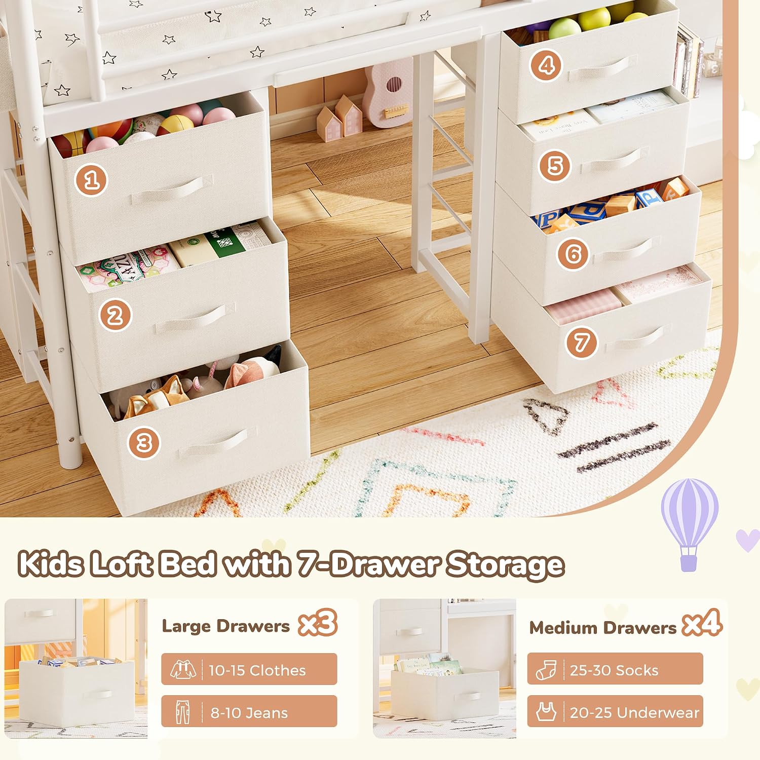 Low Loft Bed Twin Size with 7 Storage Drawers, Desk and LED Lights, Heavy Duty Metal Kids Loft Bed with 12' H Safety Guardrail, Anti-Collision Pad, Private Play Curtain, Under-Bed Play Space - White