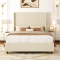 Sismplly 58'' Tall Queen Size Bed Frame with Corduroy Upholstered Platform Bed, Extra Wingback Headboard and Vertical Stripe, Box Spring Option, Solid Wood Slats, Noise Free, Beige