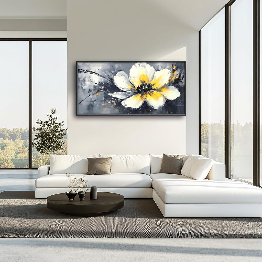 Abstract Flower Large Wall Art Framed Wall Decor for Living Room Black and White Floral Pictures Oversized Canvas Print Painting Modern Extra Large Artwork for Bedroom Office Home Decor 60'x30'