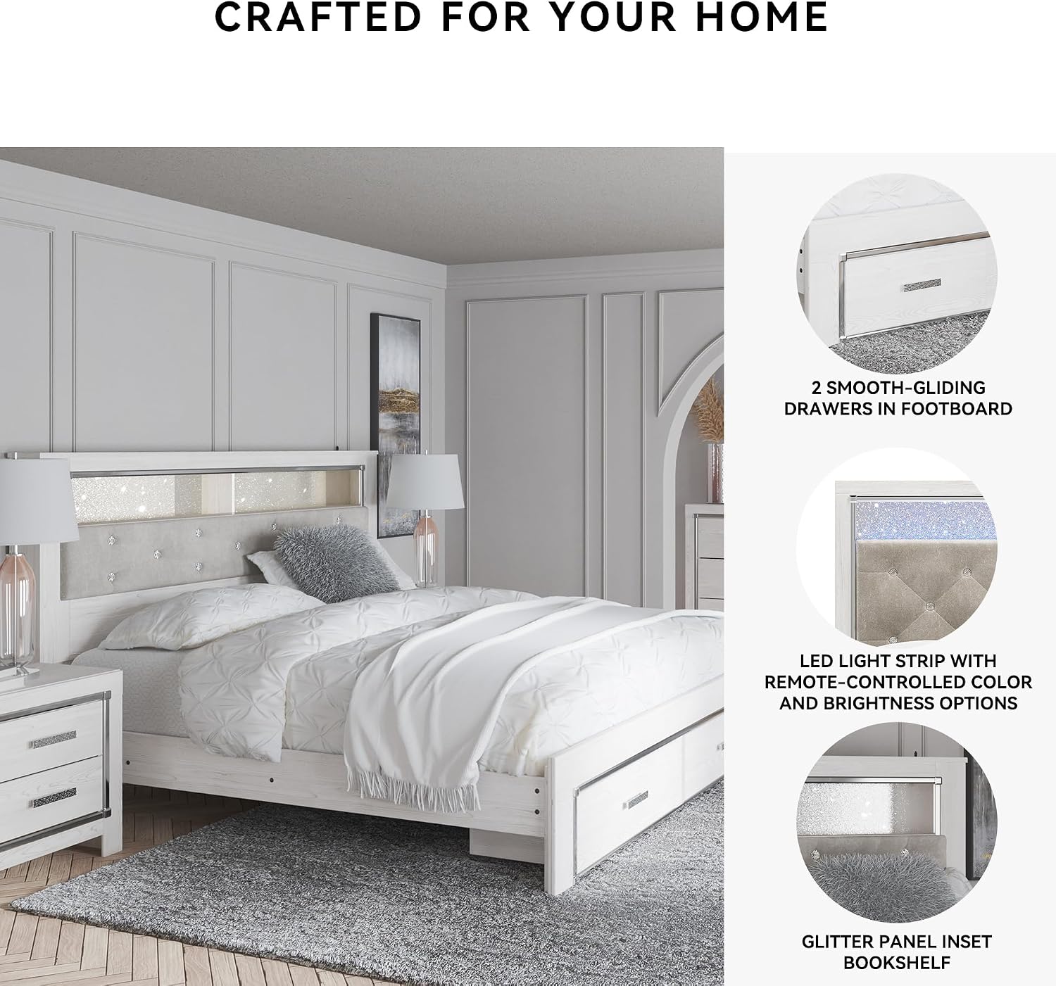 Signature Design by Ashley Altyra Contemporary Tufted King Upholstered Bookcase Platform Bed with LED Lights and 2 Drawers, Foundation or Box Spring Not Needed, White & Gray
