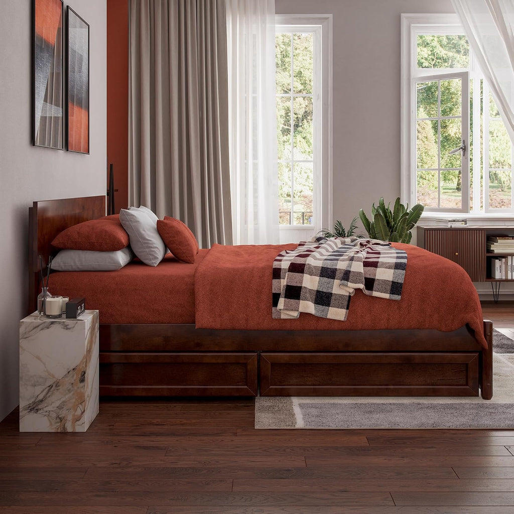 AFI, Wesley Full Platform Bed with Panel Footboard and Storage Drawers, Walnut