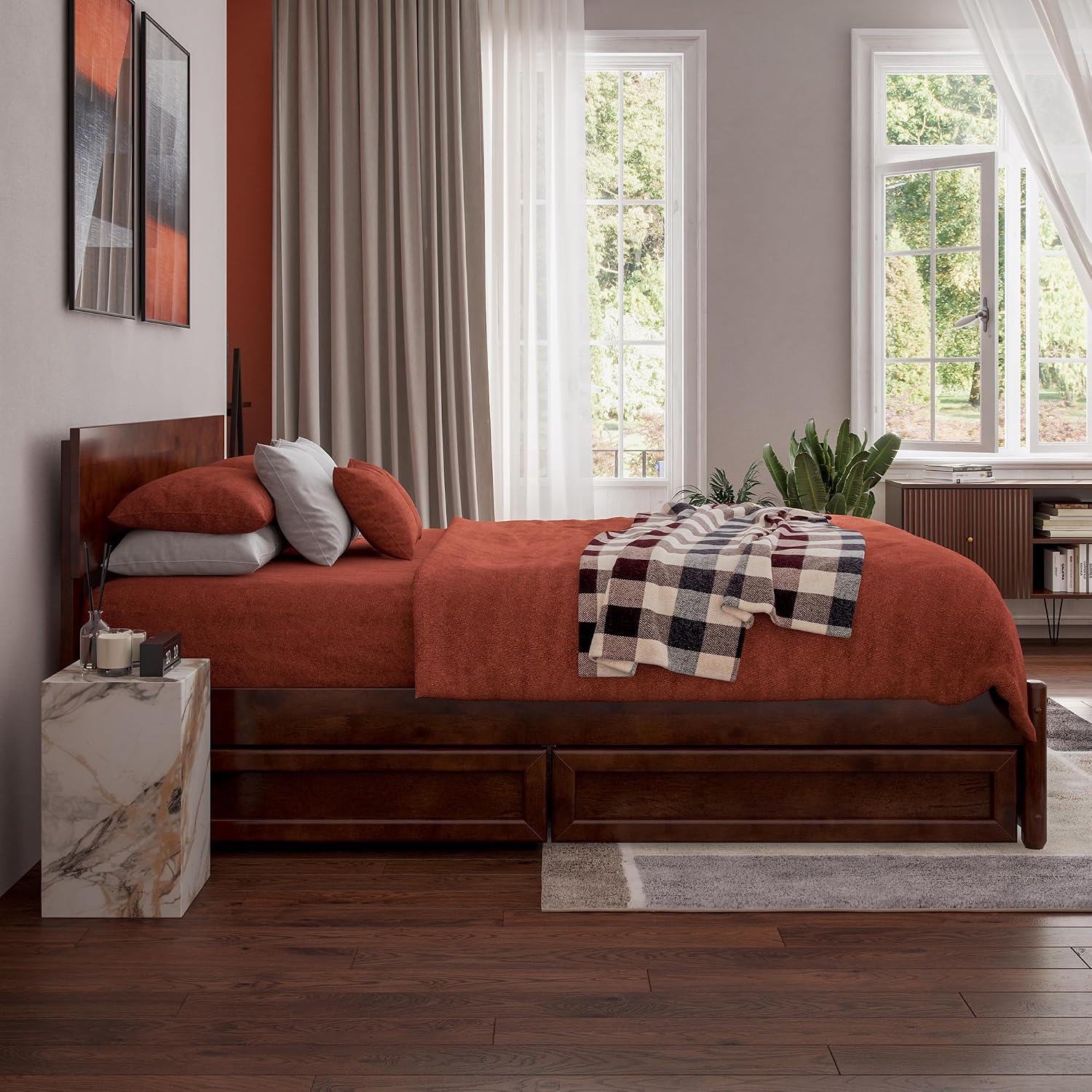 AFI, Wesley Full Platform Bed with Panel Footboard and Storage Drawers, Walnut