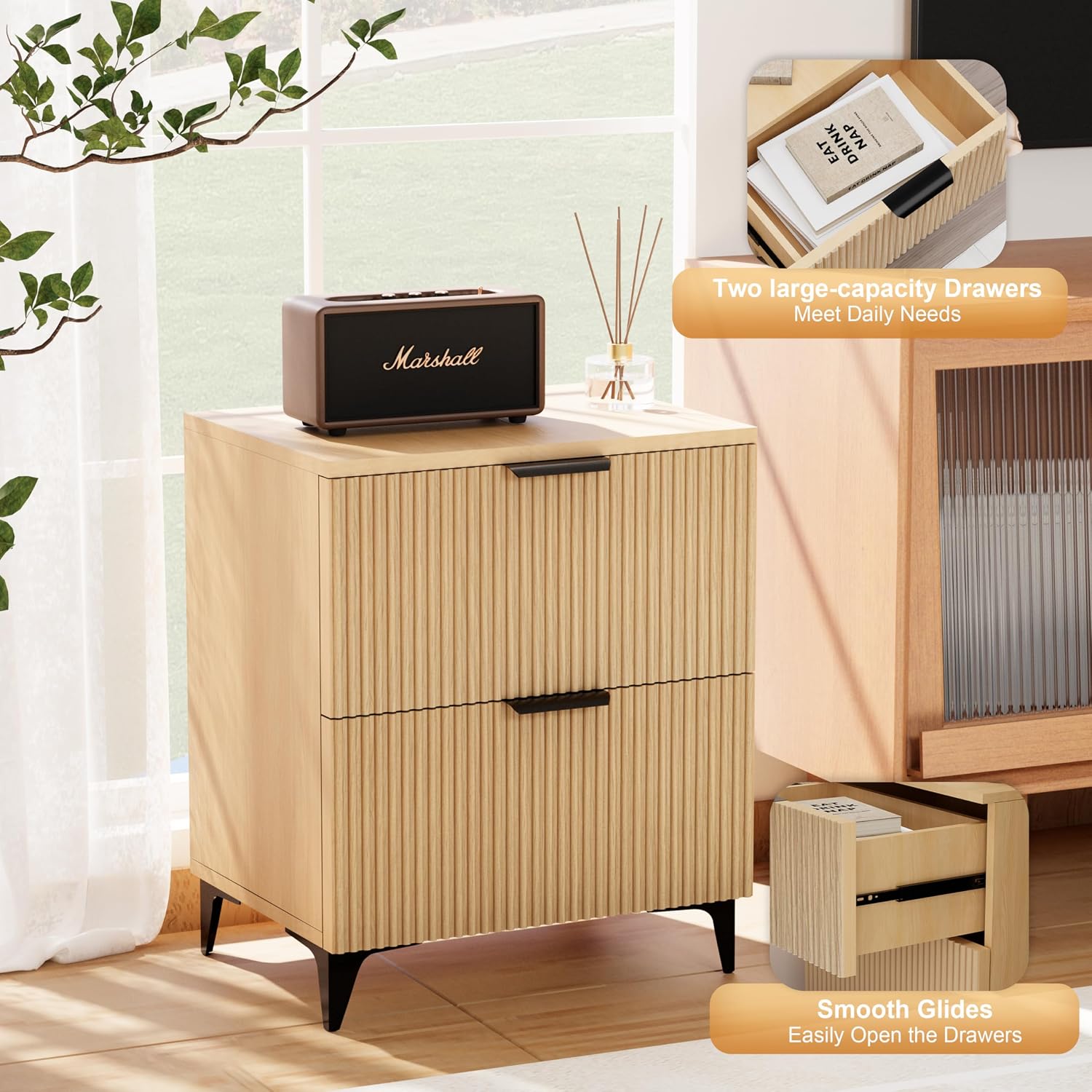 Royal Windsor Small Night Stand Set of 2, Fluted Nightstand with 2 Drawers, Side End Table with Storage, Modern Night Stand Bedside Table for Small Indoor Rooms, Natural Oak