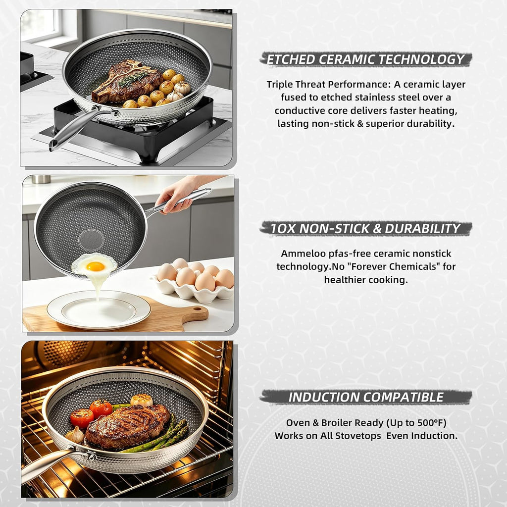 Stainless Steel Nonstick Pots and Pans Set (7 Pcs), PFOA Free, Induction Compatible, Fast & Even Heat, Dishwasher & Oven Safe (500F), 8/10/12' Fry Pans, Saucepan, Stock Pot for Home Cooking