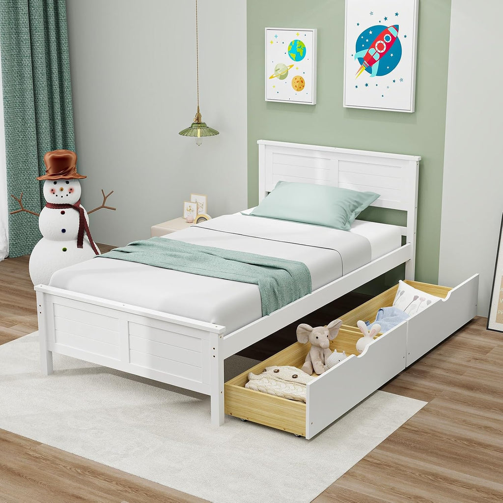 Giantex Wood Twin Bed with 2 Storage Drawers, Solid Wood Platform Bed with Headboard, Wooden Slats Support Mattress Foundation, No Spring Needed, Twin Bed Frame for Kids, Teens, Adults, White
