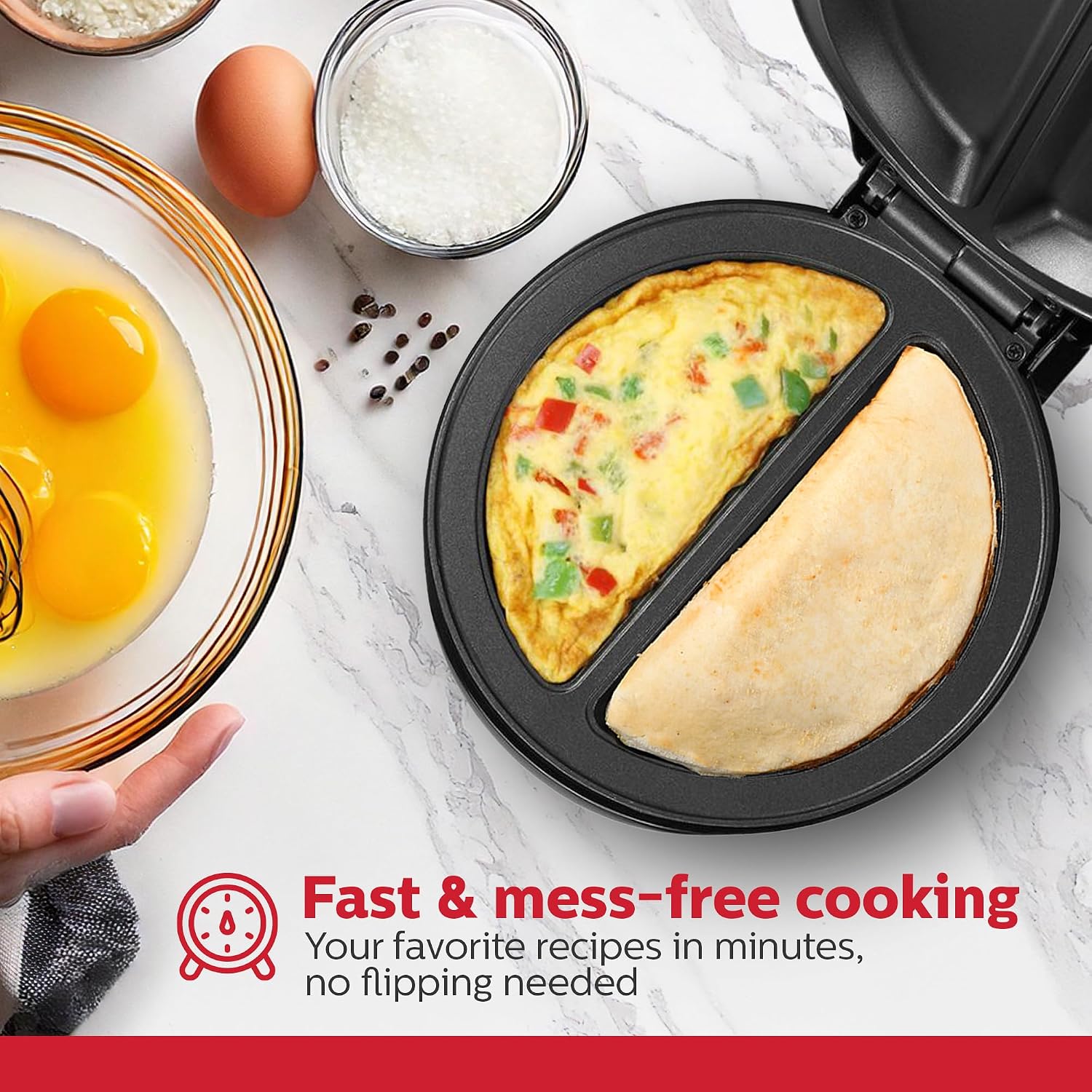 Holstein Housewares Stainless Steel 2 Section Omelet&Frittata Maker,Non Stick Coating,Easy To Clean,Indicator Lights,Compact Storage,Prepare Versatile Recipes in Minutes. 2 Portions,Black,(Pack of 6)
