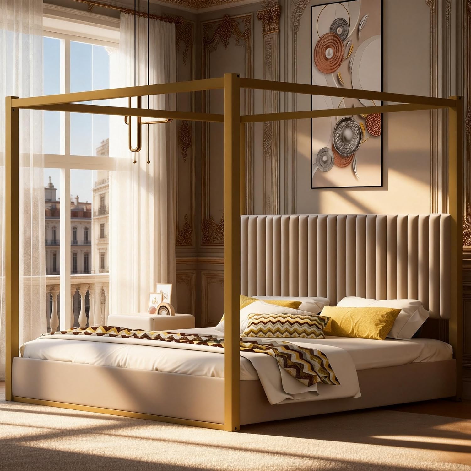 King Size Canopy Bed with Upholstered Headboard, 4-Poster Bed Frame with Metal Frame for Bedroom (Beige, King)