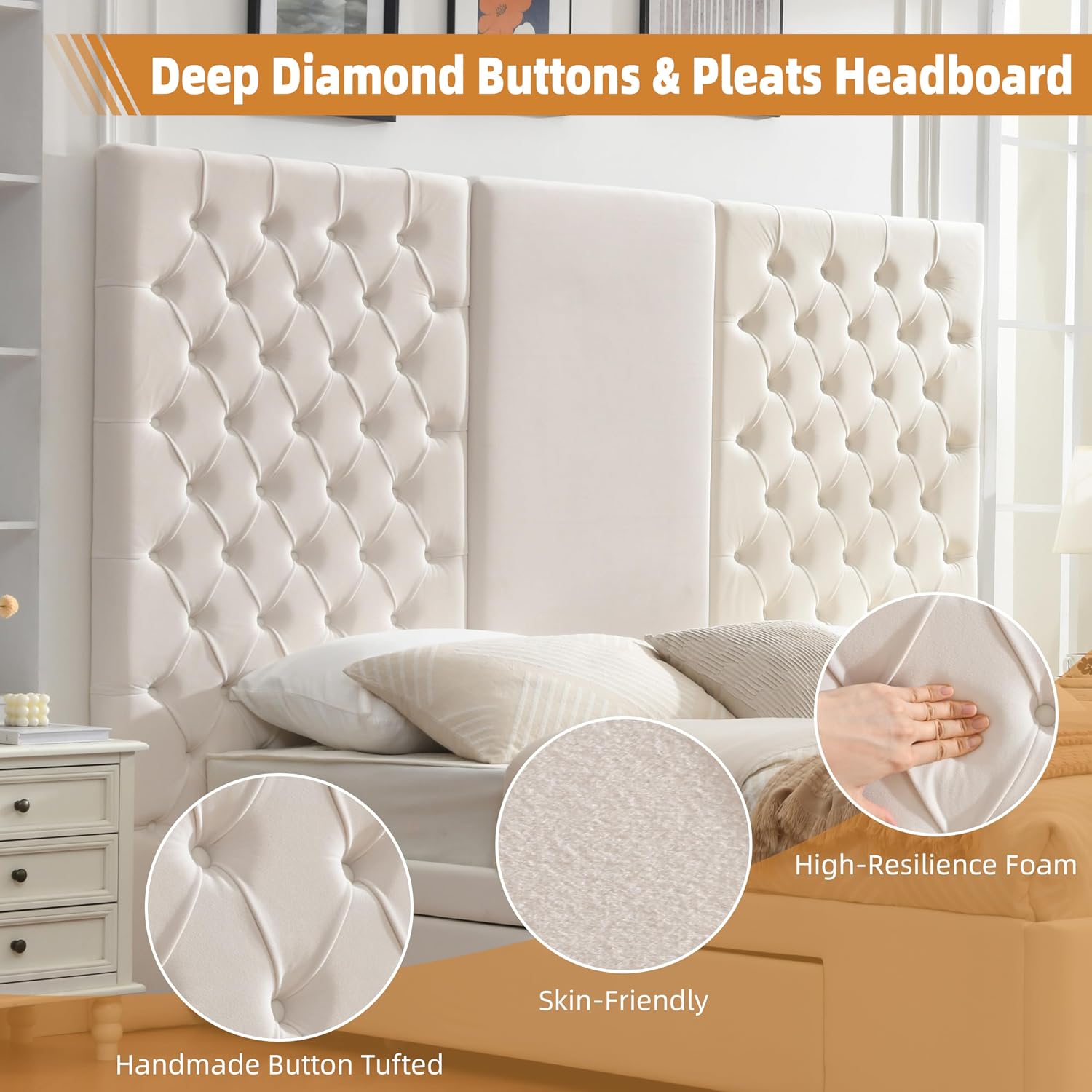King Size Bed Frame with 63' Tall Headboard, Velvet Fabric Upholstered Platform Bed with 2 Large Storage Drawers, Deep Button Tufted, Wooden Slats, Easy Assembly, No Box Spring Needed, Cream