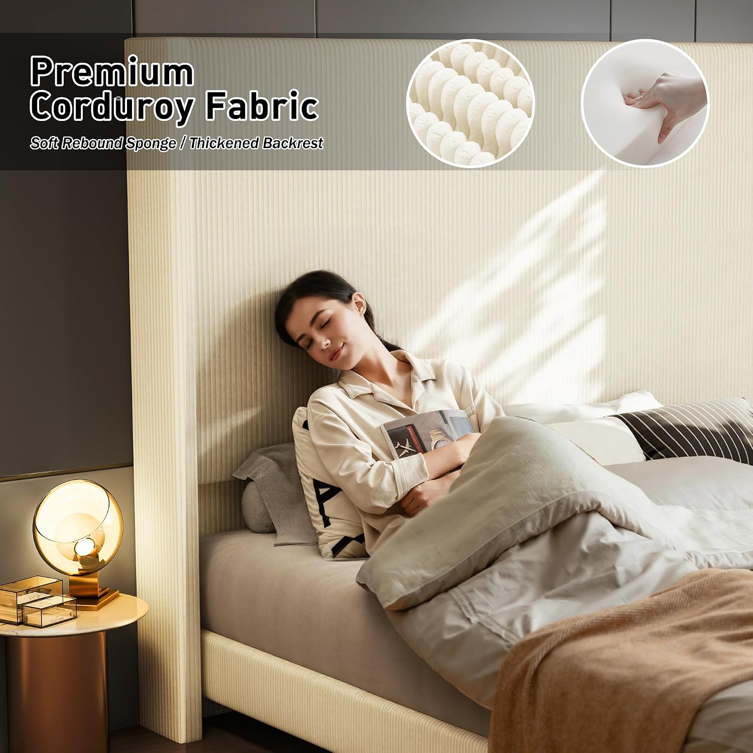 Queen Size 65.2' Tall Upholstered Bed Frame with USB Charging Station,Soft Washable Corduroy Cover with Wingback Headboard, Solid Wood Legs/Noise-Free/No Box Spring Needed/Beige