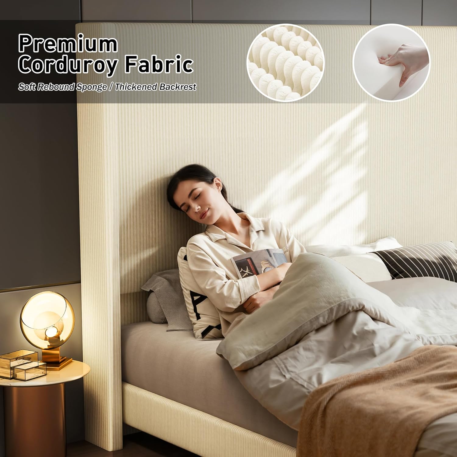 King Size 65.2' Upholstered Bed Frame with USB Charging Station,Soft Washable Corduroy Cover with Wingback Headboard, Solid Wood Legs/Noise-Free/No Box Spring Needed/Beige