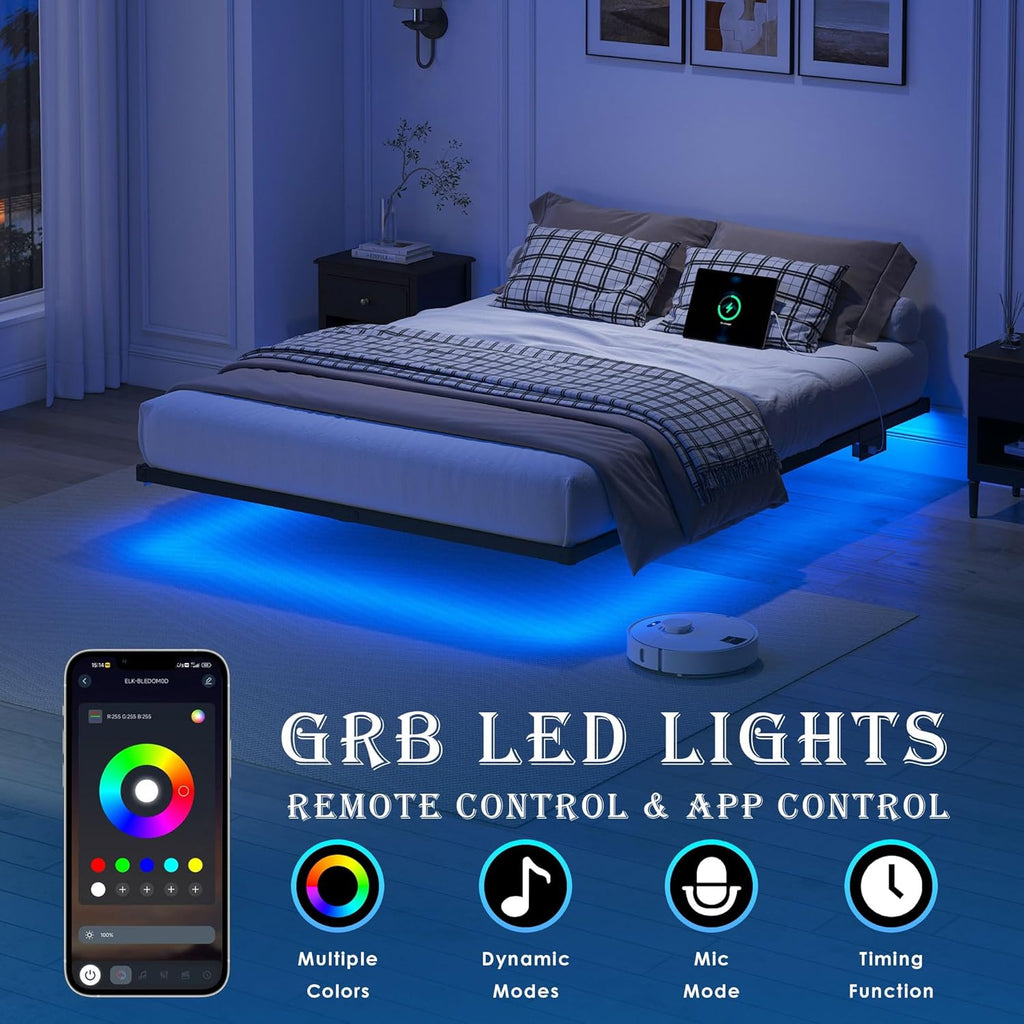 YORMDMO Floating Bed Frame King Size, Heavy Duty Bedframe with Smart LED Lights & Charging Station, Modern Metal Platform Bed, Easy Assembly No Box Spring Needed, 10 Inch