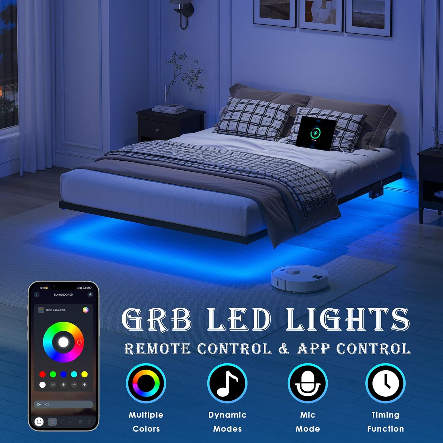 YORMDMO Floating Bed Frame King Size, Heavy Duty Bedframe with Smart LED Lights & Charging Station, Modern Metal Platform Bed, Easy Assembly No Box Spring Needed, 10 Inch