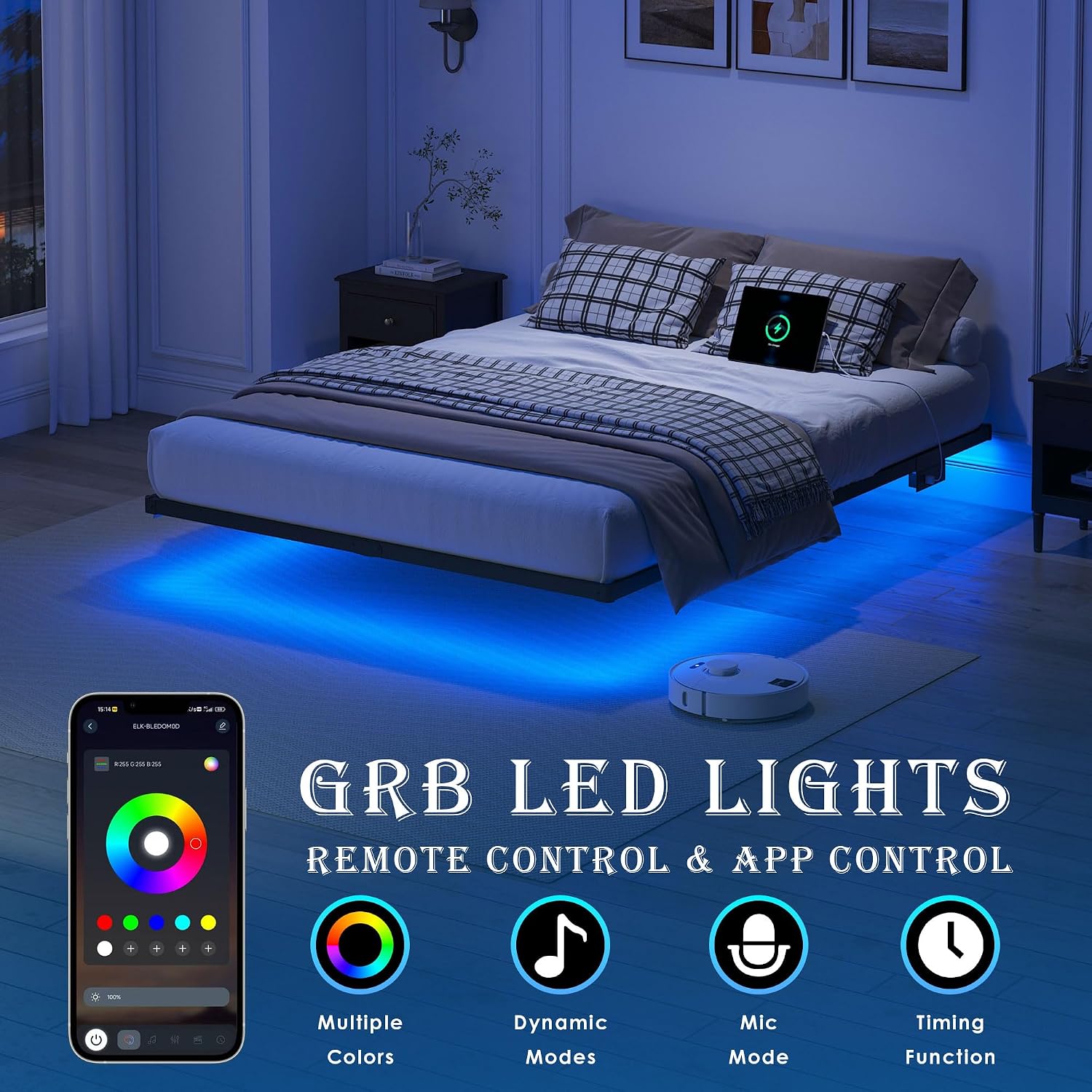 YORMDMO Floating Bed Frame Queen Size, Heavy Duty Bedframe with Smart LED Lights & Charging Station, Modern Metal Platform Bed, Easy Assembly No Box Spring Needed, 10 Inch