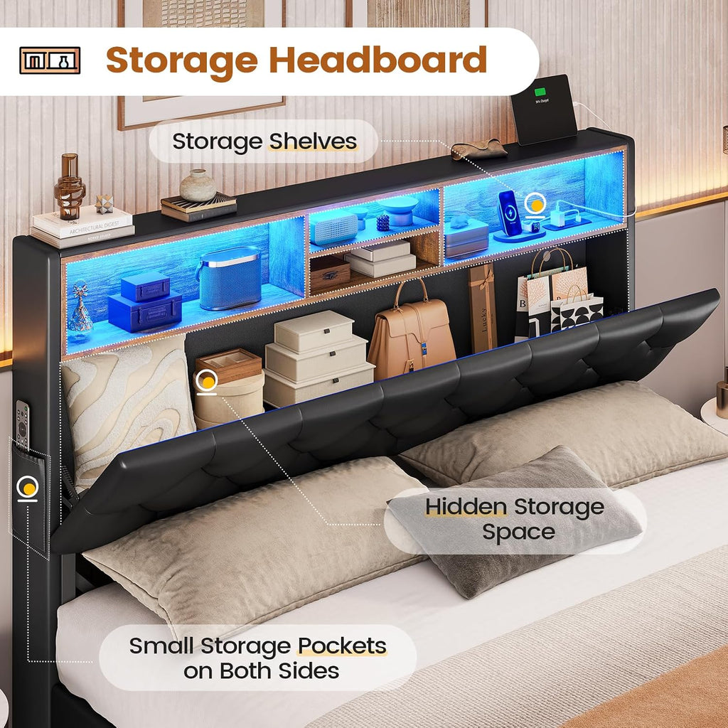 BTHFST Queen Bed Frame with 4 Drawers & Hidden Storage Headboard, LED Bed Frame Queen Size with Charging Station, Upholstered Bed with Metal Slats, No Box Spring Needed, Black PU
