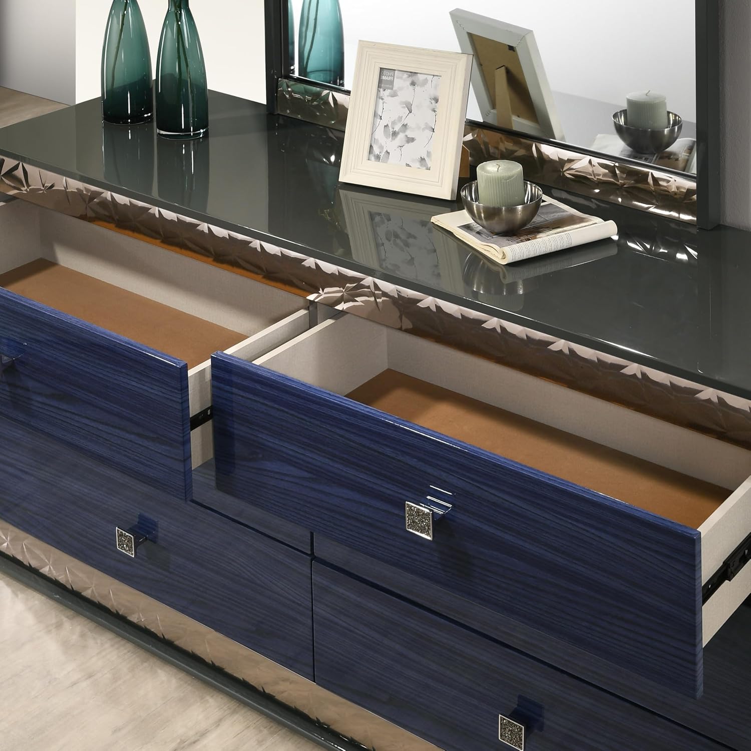 Furniture of America Scape Glam Solid Wood 6-Piece Bedroom Set with Geo Chrome Molding, Felt-Lined Top Drawer, Metal Side Glide, Square Knobs, No Box Spring Needed, King, Indigo Blue