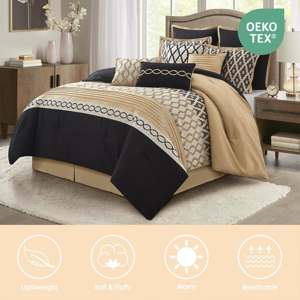 LANCO MODERN LIFESTYLE King Size Comforter Set, Black Gold, 10 Piece Bed in a Bag for All Seasons, Luxury Extreme Comfort Bedding Sets with Bedskirt, Pillow Shams, Euro Shams and Decor Pillows