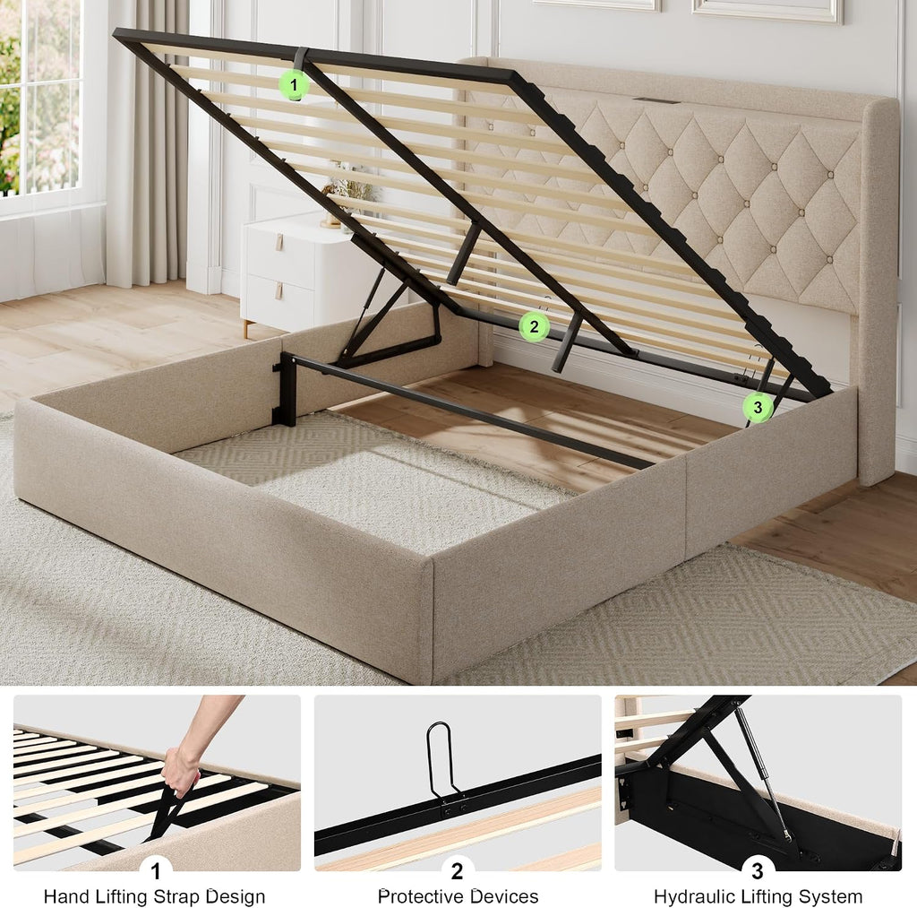 Feonase Full Size Bed Frame with Storage & Charging Station - Hydraulic Lift Up Platform Bed, Upholstered Button Tufted Headboard, Sturdy Wooden Slats, Noise-Free, No Box Spring Needed,Beige