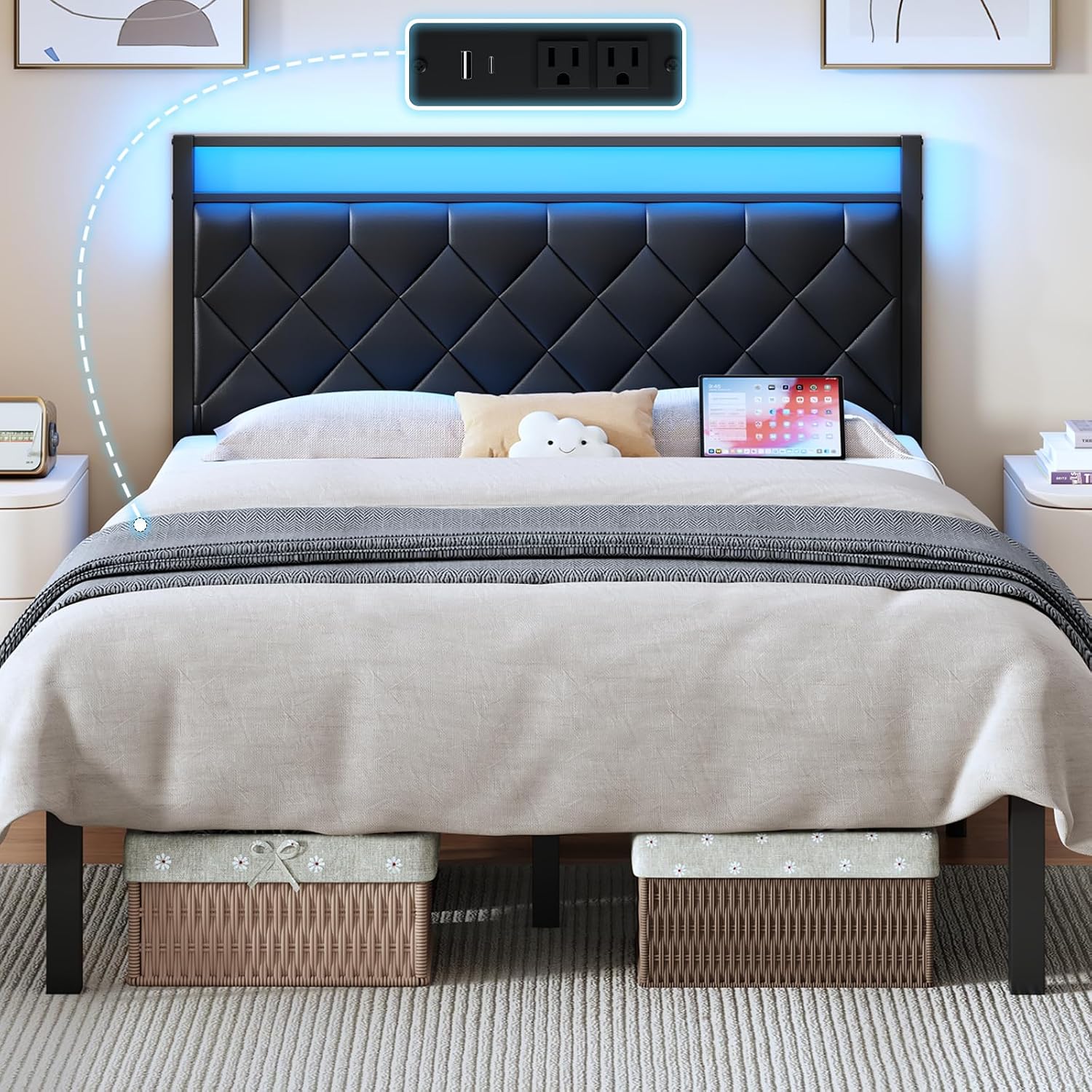 Queen Size Bed Frame with Headboard, Modern Metal Bed Frame with LED Lights & Charging Station, PU Leather Upholstered Headboard, All Metal Slats Support, No Boxing Spring Needed, Noise Free, Black